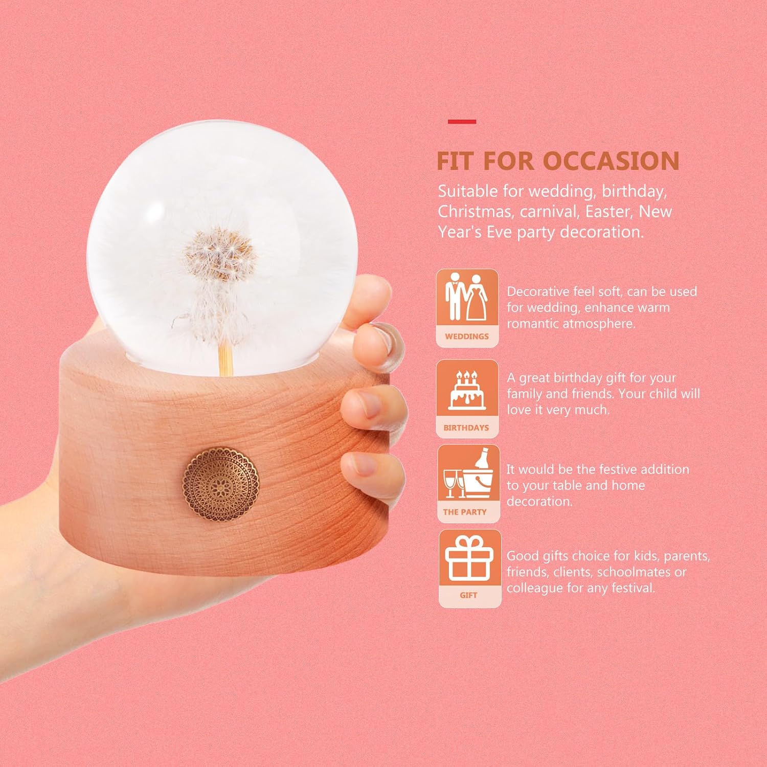 Desktop Crystal Ball with Beech Wood Base, Unique Dandelion Glass Decorative Ball for Home or Office Decor, Compact Size and Simple Structure,