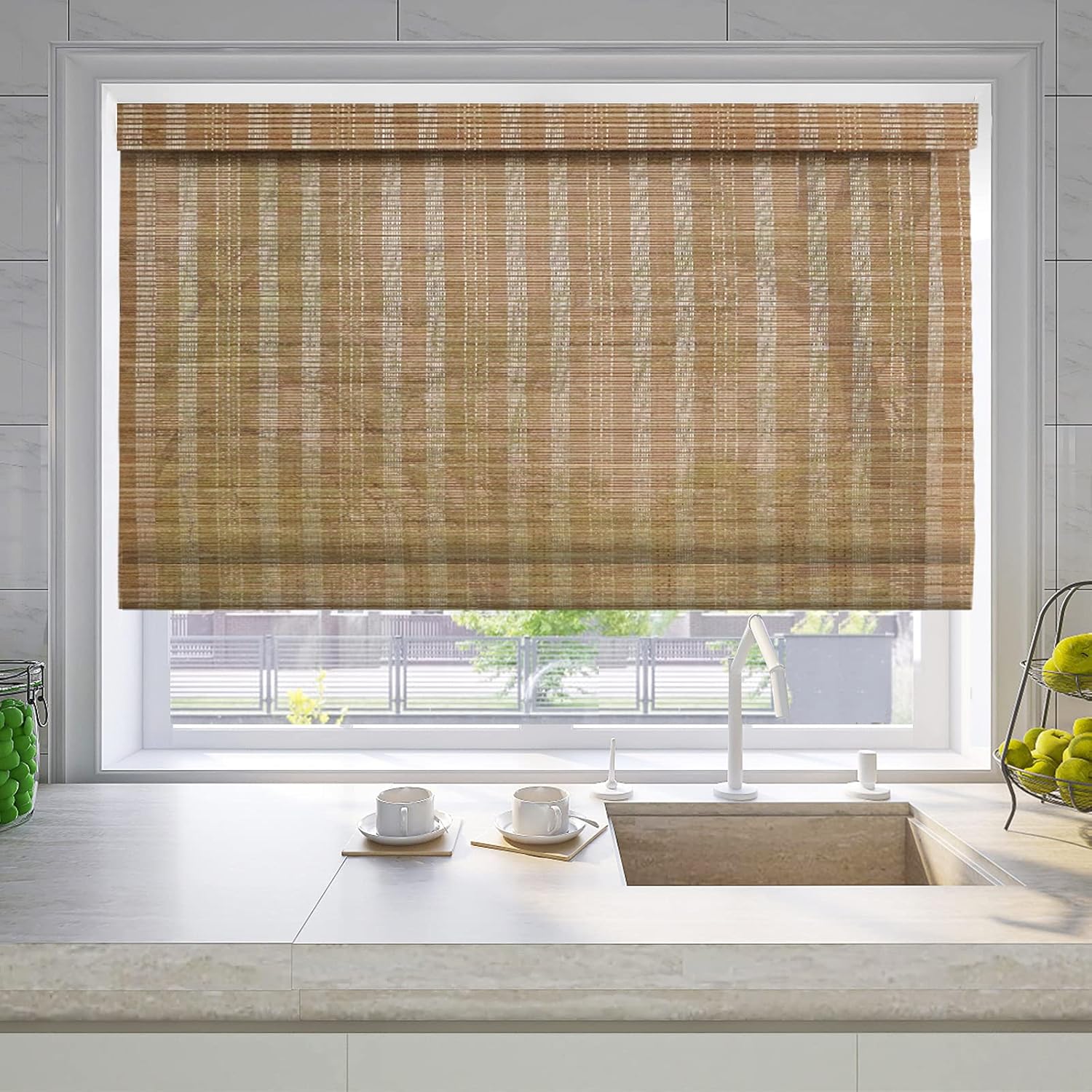LETAU No Drill No Tools Wood Cordless Window Roman Shades, Bamboo Light Filtering Window Blinds for Indoor Home, Kitchen, Office, Pattern 6