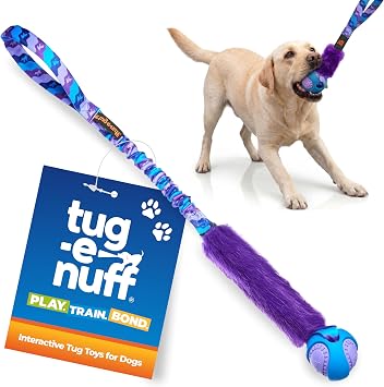 Tug-E-Nuff Fauxtastic PowerBall Bungee, Durable, Faux-Fur Fetch & Tug of War Dog Toy with Rubber Ball, Interactive Dog Tug Toys for Training Small, Medium, Large Dogs, 25 in, Purple Pattern