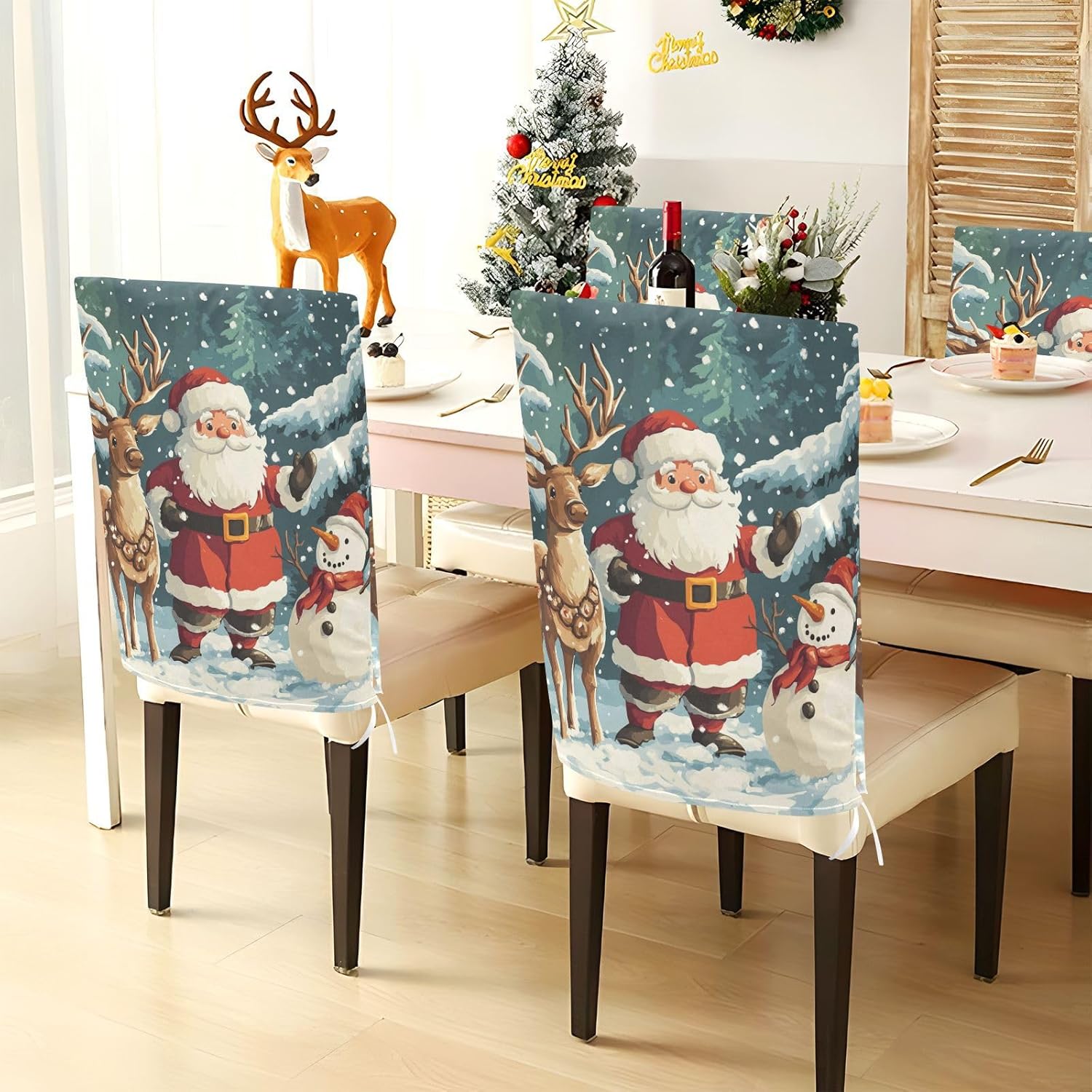 ALAZA Christmas Santa Reindeer Snowman Chair Back Cover Set of 6, Washable Reusable Removable Chair Slipcovers Decorative Chair Cover for Home Kitchen Wedding Party