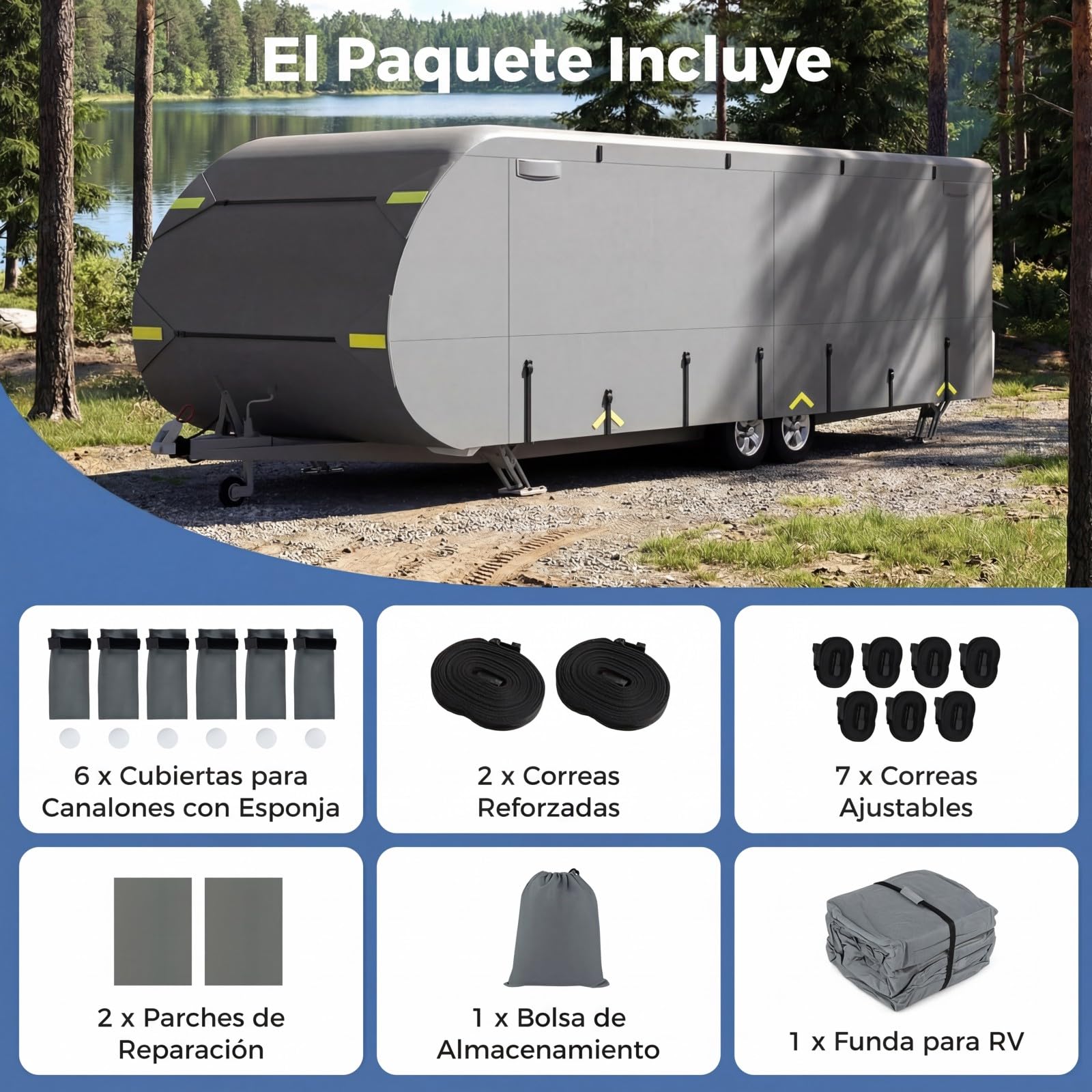 COSTWAY Funda Caravana, Cubierta Protectora para Autocaravana con 9 Correas de Fijación, 6 Tapas de Canalón, 2 Parches de Reparación y Bolsa, Lona para Caravana, Verano, Invierno (571x260x250cm)