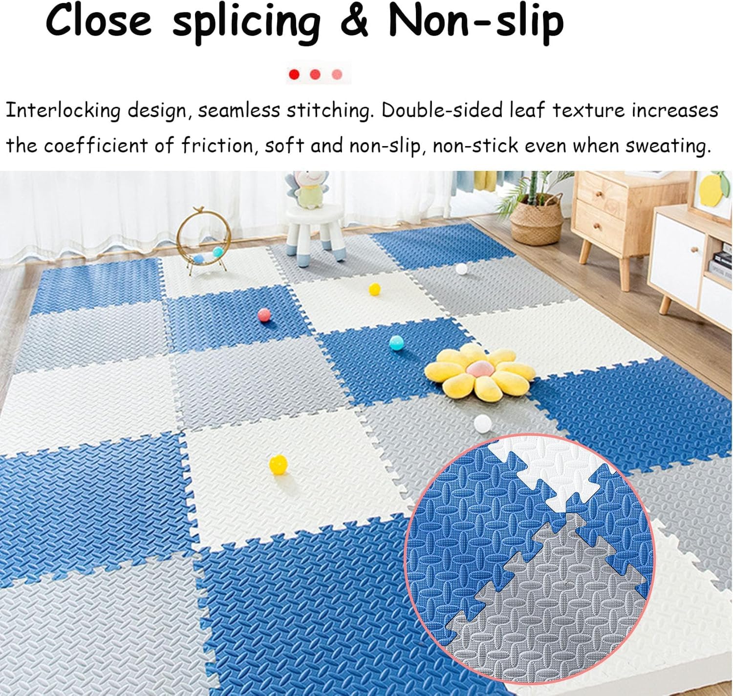 Ineinandergreifende Eva-Schaumstoff-Puzzlematten, 30 x 30 cm, quadratische Schaumstoff-Bodenfliesen, schützende Spiel- und Bewegungsmatte, Marineblau-Grau-Beige, 40 Stück