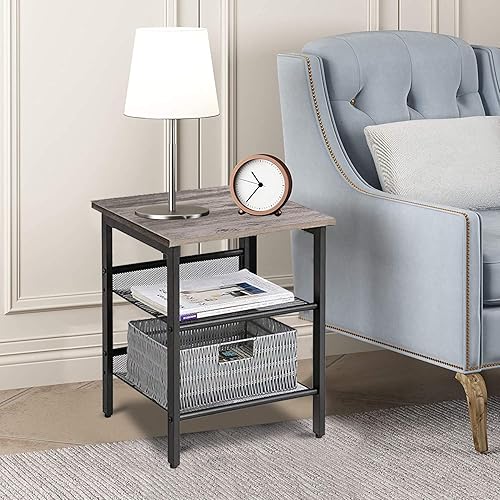 Miniatura 6 de TINKLE WELL Juego de 2 estantes laterales de malla ajustables de 2 niveles, mesita de noche para dormitorio, sala de estar, color gris