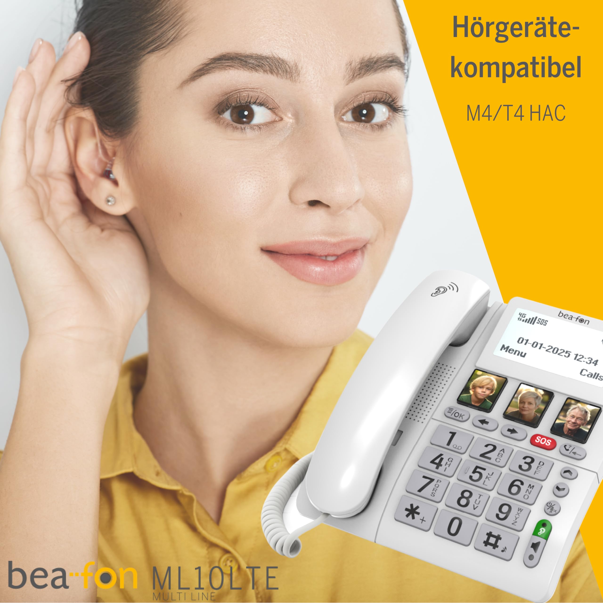 beafon, Silverline, ML10, telefono da tavolo, LTE (4G), con pulsante di emergenza SOS, con cinturino SS, HAC M4/T4, 3 tasti a scelta rapida (simboli o foto), numeri XXL, funzione vivavoce,