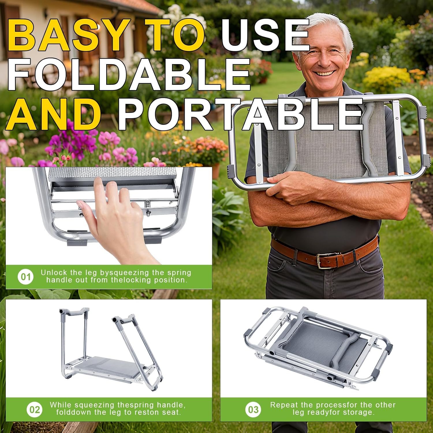 Garden Kneeler and Seat, Wider Thicker Kneeling Pad, Heavy Duty Garden Stool Includes Gardening Tools Pouch and Bag, Convertible Garden Bench Kneeling Chair/Gifts for Parents Women Seniors