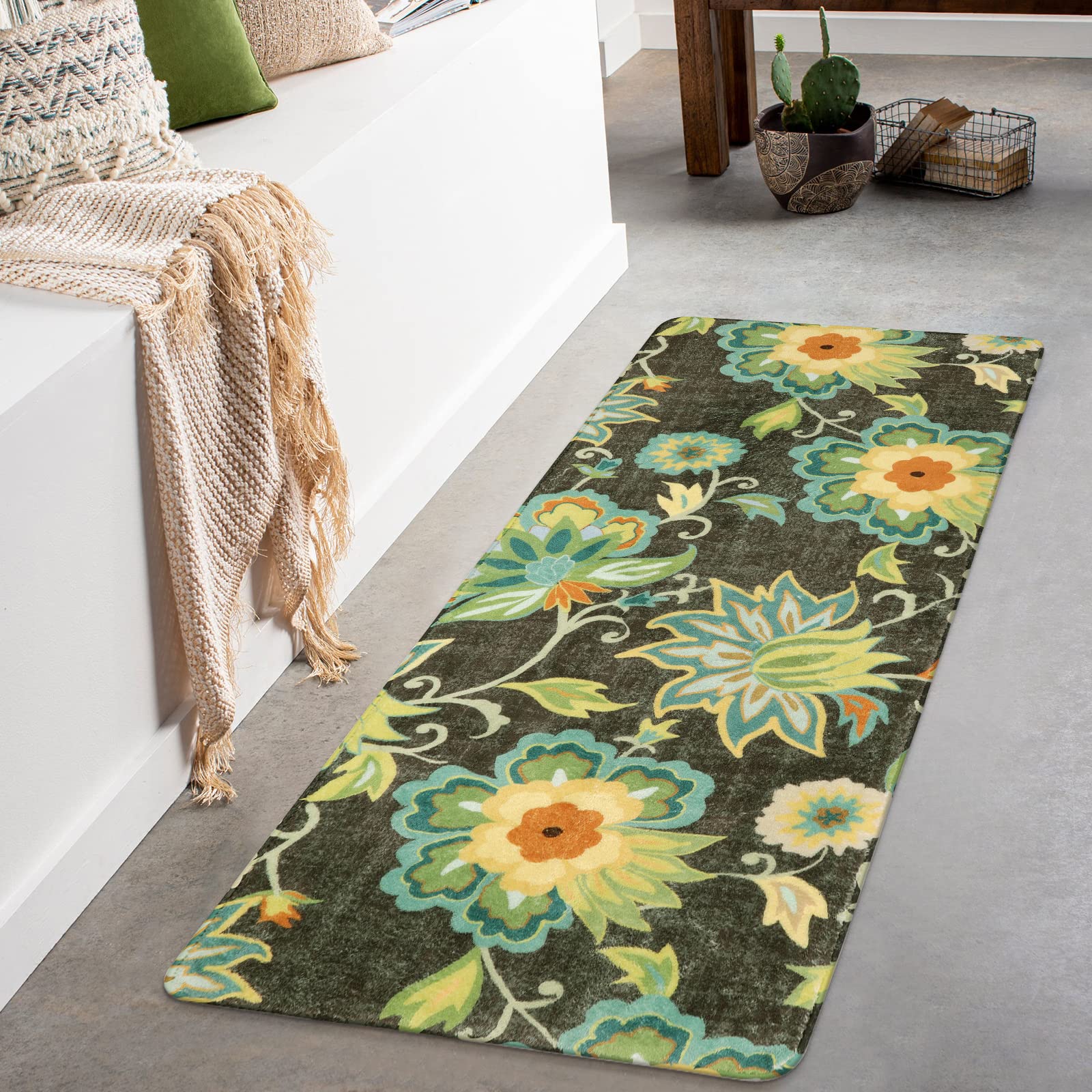 Lahome Floral Hallway Carpet - 2x5 Washable Non-Slip Low-Pile Kitchen Laundry Room Rug, Soft Paisley Print Modern Indoor Rug for Living Room Bathroom
