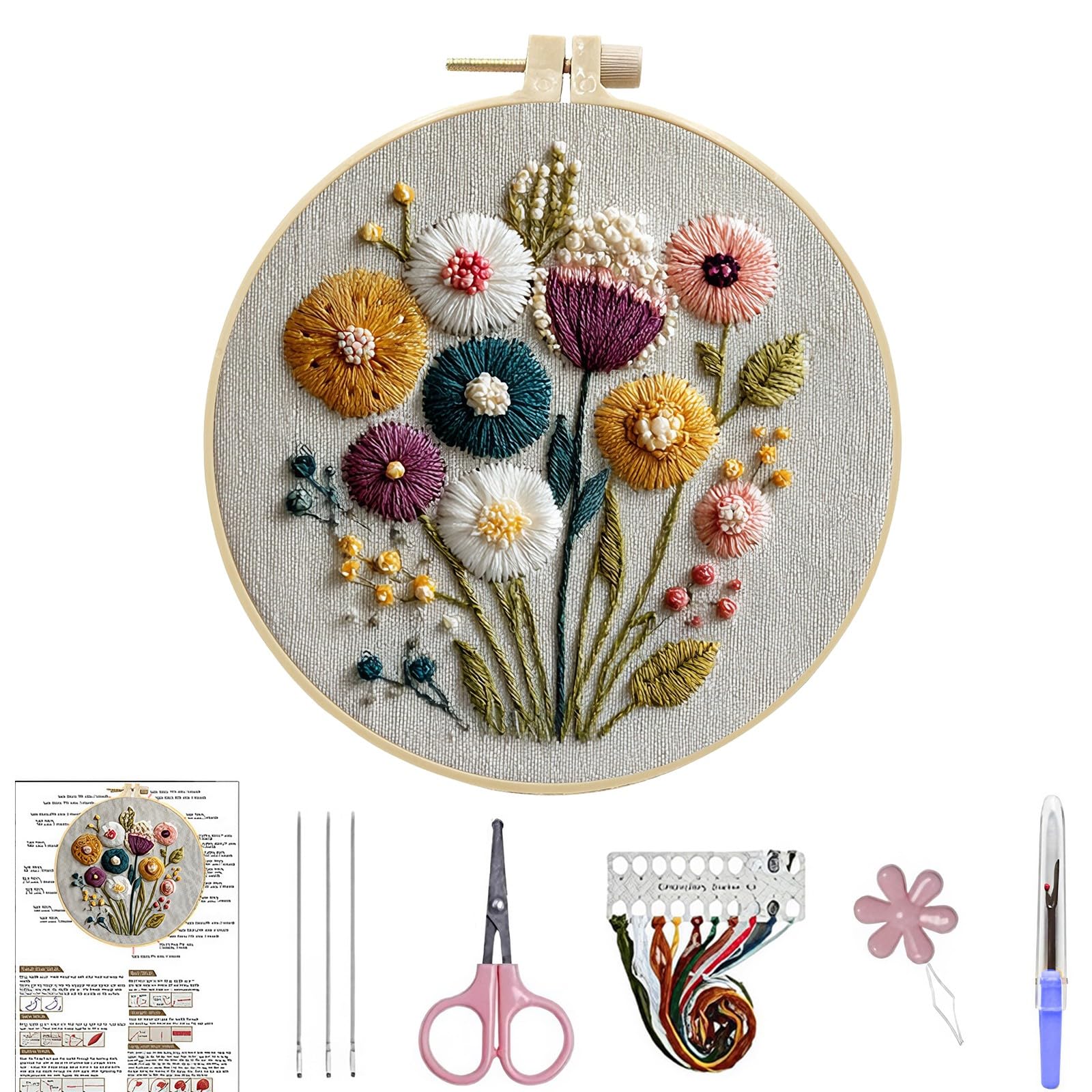 Lebartm Embroidery Kit for Beginners Cross Stitch Kits Needlepoint Set Colorful Flowers Patterns Embroidery Thread Kit for Craft Lover Hand Stitch with Hoop Threads Fabric-Floral02