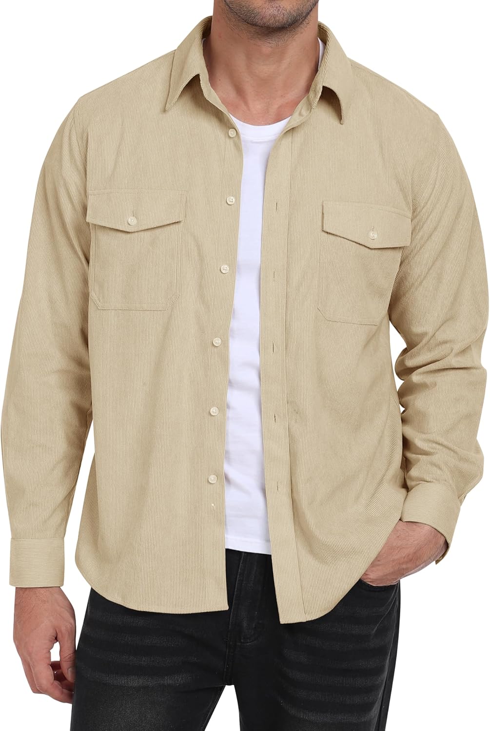 QIXING Heren fleece ribfluweelhemd met lange mouwen, button-down, casual vrijetijdshemd, regular fit, hemdjack, herfst winter jas met klepzakken, legergroen, XXL