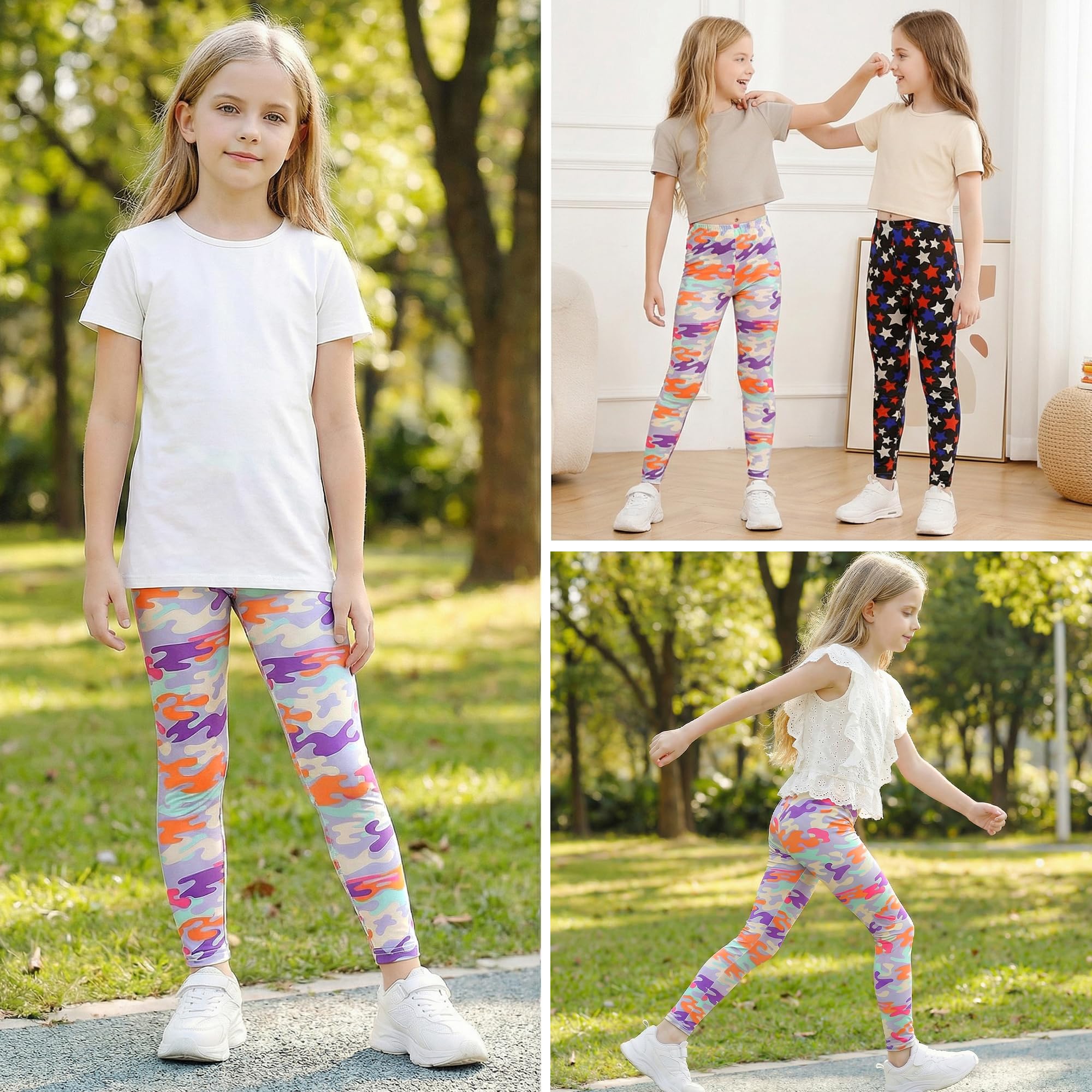 Leggings per Bambina Ragazze 2-Pack Vita Alta Elasticizzati Pantaloni Colorati Stampati Ragazza Leggeri Morbidi Legging Larghi Stretch Pants Casual Sport Abbigliamento Adolescenti 6-14 Anni