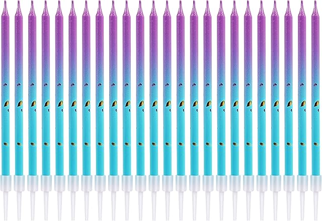 Gradient Colorful Birthday Cake Candles with Gold Glitter Power Long Thin Cupcake SOYA Wax Happy Birthday Candles Topper for Celebration,Party 24pcs (Cyan+Purple-2)