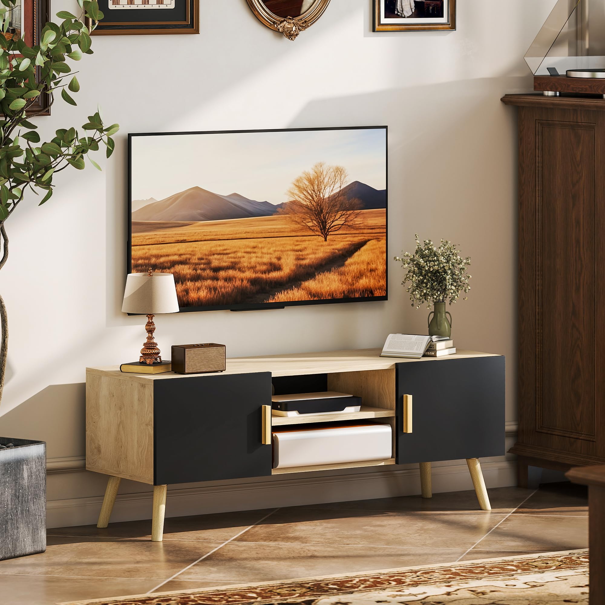 HOMCOM Meuble TV Meuble télé Bois Banc TV jusqu'à 50 Pouces avec étagères, 2 placards et Passe-câbles pour Salon, Chambre à Coucher, 110 x 36,2 x 42 cm, chêne et Noir