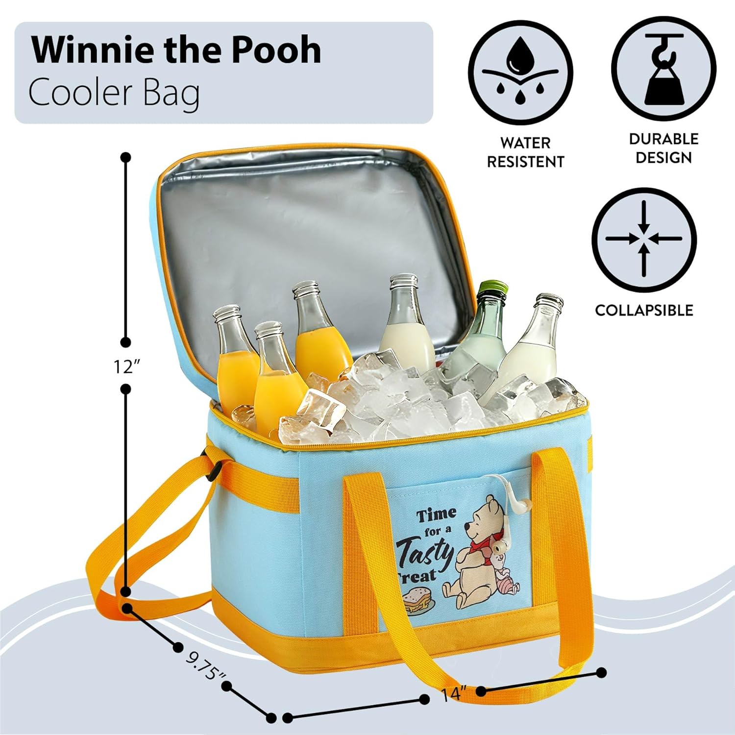 Disney Winnie the Pooh Kids Insulated Cooler Bag, Soft Cooler Tote with Adjustable Strap & Front Pocket, Water-Resistant Lunch & Picnic Bag, Holds Up to 24 Cans for Beach, Travel & School