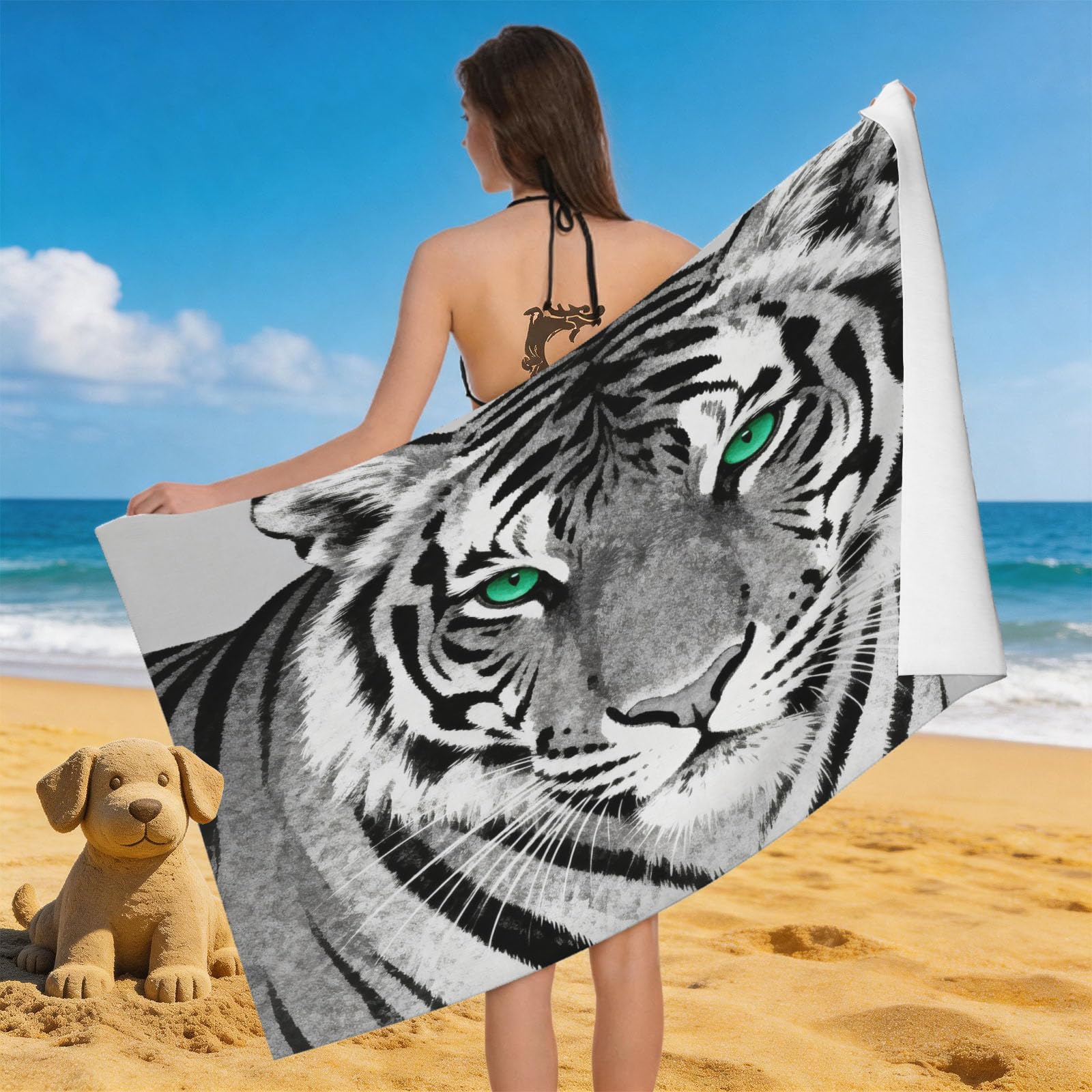 Leichong 3D Tiger Illustration Beach Towel Large Microfiber Soft Quick Dry for Adults, Art Theme Bath Towel Lightweight Soft Absorbent for Travel Swimming Pool Sports, 180 x 90 cm