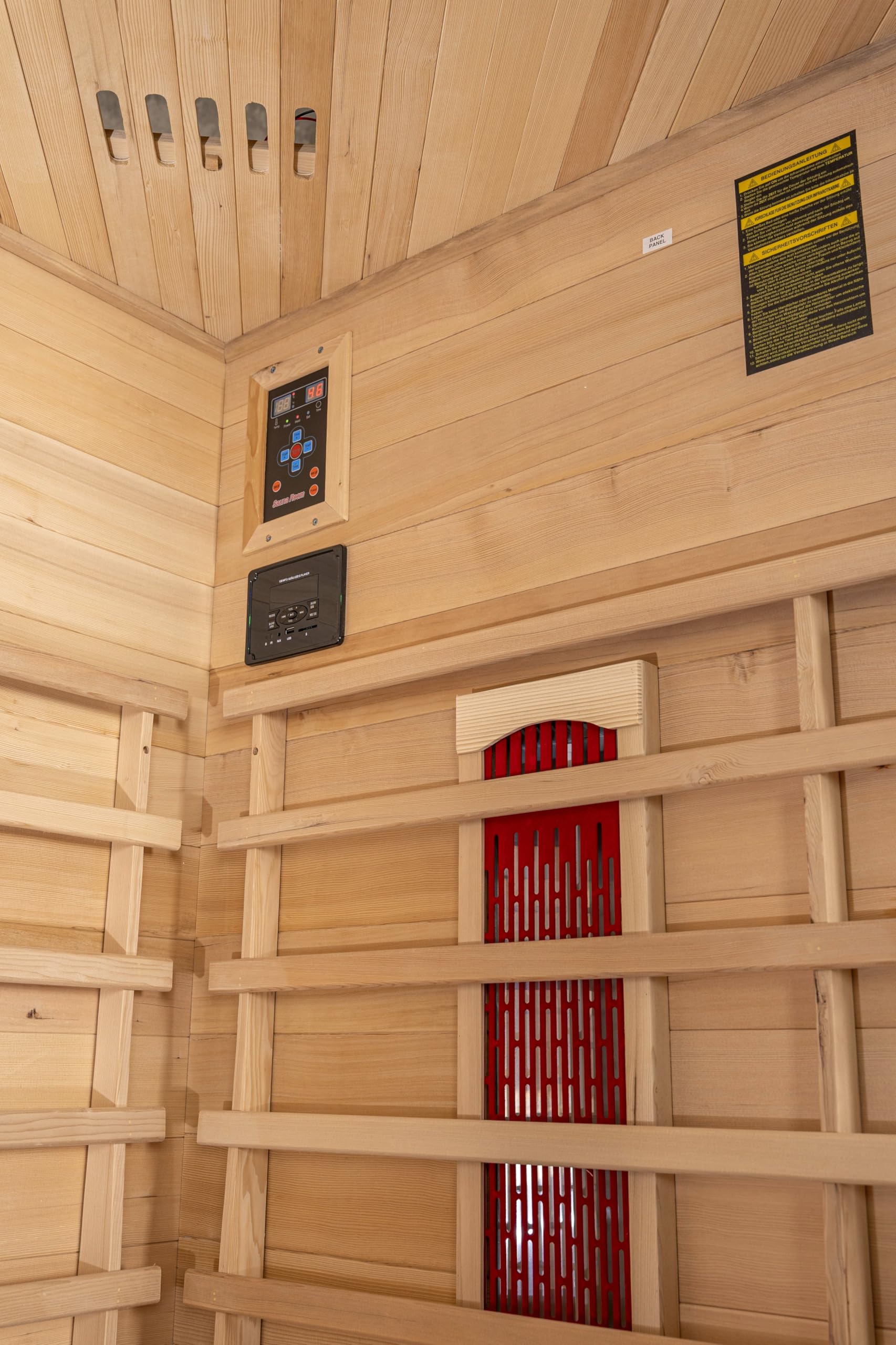 Cabina a infrarossi Trondheim Alpha per 4 persone, in legno Hemlock, 8 faretti in ceramica, cromoterapia, sistema audio Bluetooth, aromaterapia, disinfezione da ozono, controllo digitale, risparmio