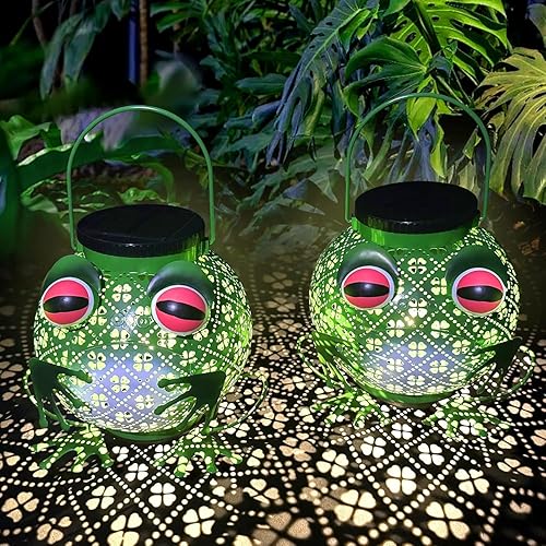 Miniatura 4 de Paquete de 2 faroles solares para exteriores, impermeables, de rana, colgantes de metal, luces solares colgantes con sonido, faroles al aire libre