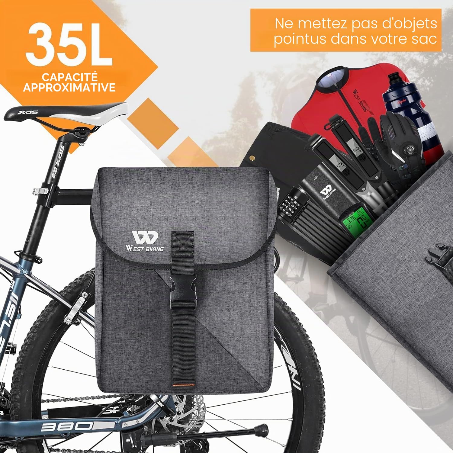 Sacoche Velo tridimensionnels pour Porte-sacoches | 35L Grands Sacoche vélo | sacoch arrière avec Protection imperméable | pour vélo de ebike VTT