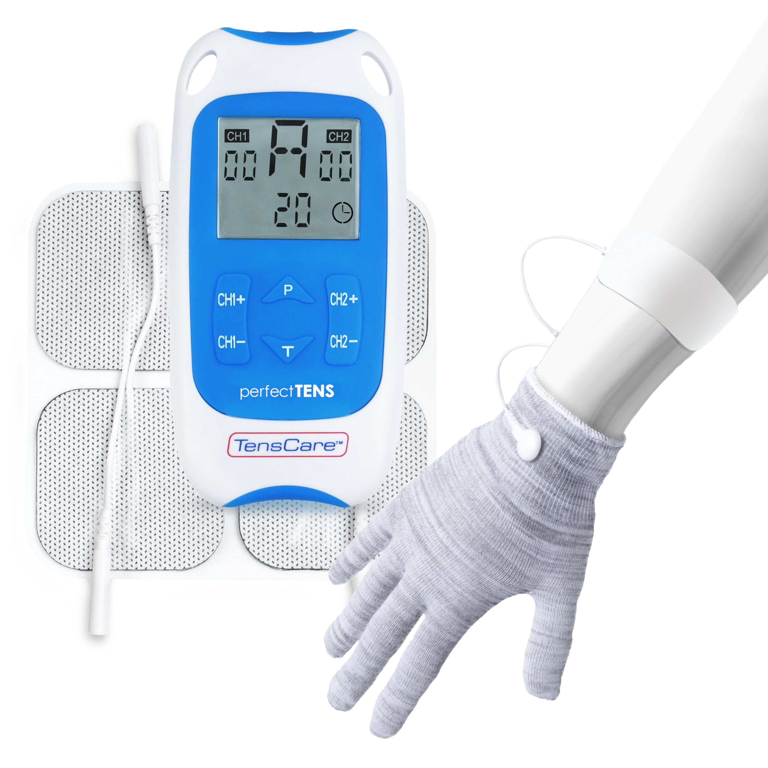 TensCare Perfect TENS Tens-Gerät zur Linderung von Rücken-, Hüft-, Bein-, Arm-, Arthritis- und Ischiasschmerzen, inkl. Handschuh für Arthritis an der Hand