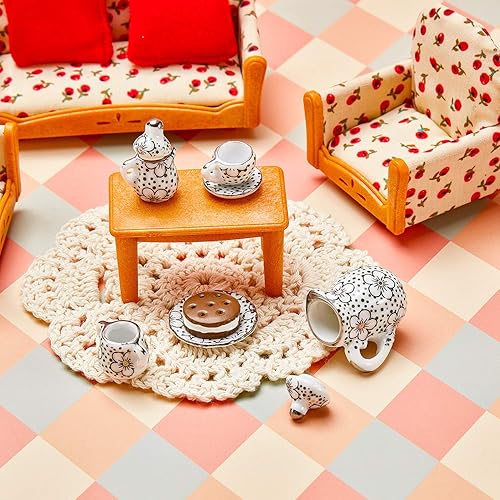 Miniatura 6 de Juego de 30 tazas de té en miniatura de porcelana con diseño de flores, juego de platos de té, accesorios de cocina para casa de muñecas