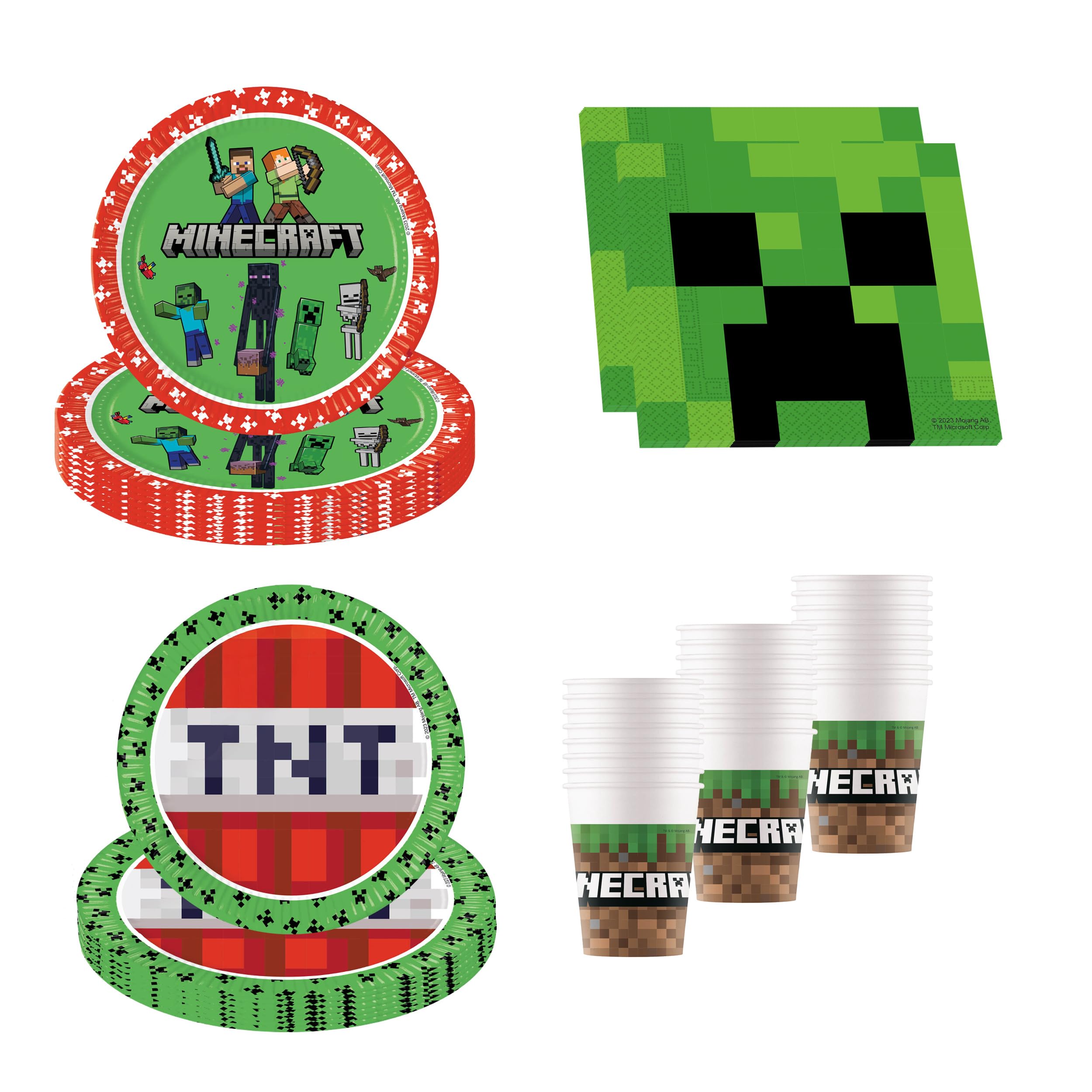 Procos - Minecraft Geburtstagsdeko, 52-Teilig, Pappteller, Becher und Servietten für Kindergeburtstag, Partygeschirr