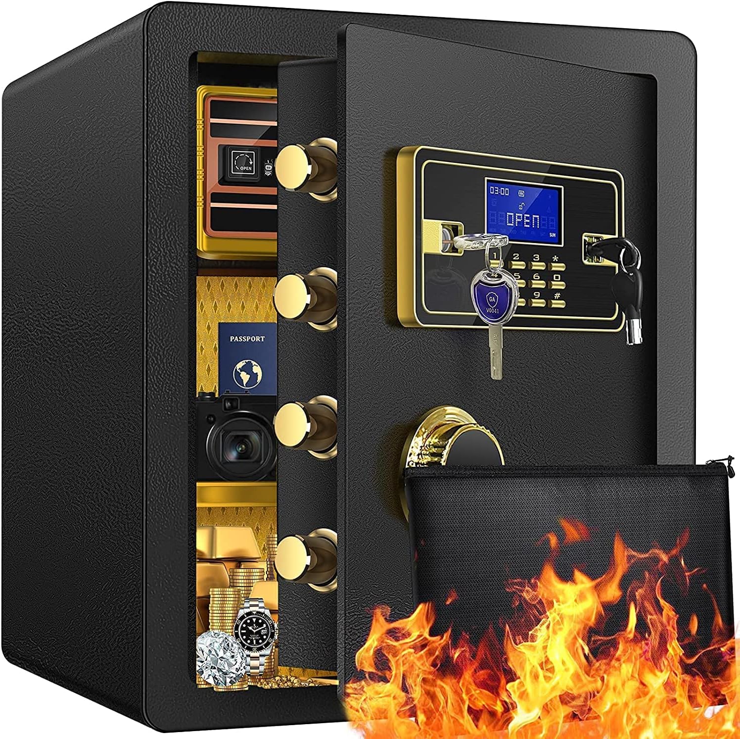2.0 Cub Digital Fireproof Safe Box, Home Security Safe with Fireproof Waterproof Money Bag, Safe Lock Box of Built in LED Light Double Keys Lock and Password, for Home Office Cash Jewelry Documents