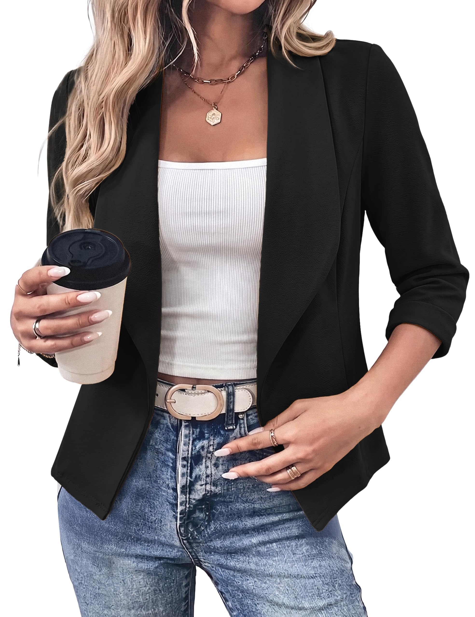 tralilbee Women's Cropped Blazers 3/4 Sleeve Open Front Lightweight Cardigan Casual Work Office Suit Blazer Jackets S-XL-picture-37
