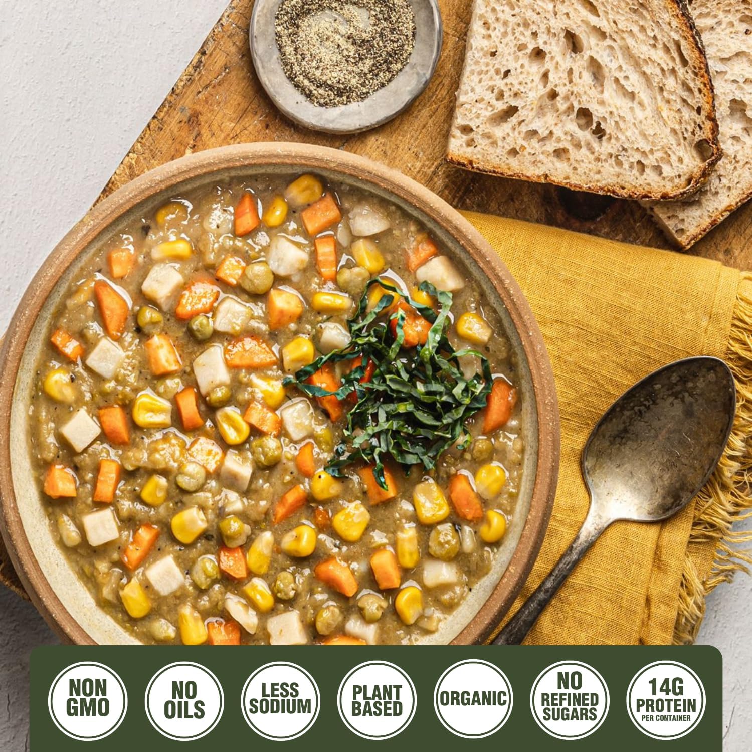 PLANTSTRONG Split Pea Vegetable Stew, USDA Organic, Non-GMO, Plant-Based Vegan, Gluten-Free, Oil-Free, Lightly Salted, Ready to Heat & Serve, 6-Pack (16.9 oz Each) + Recipe Guide