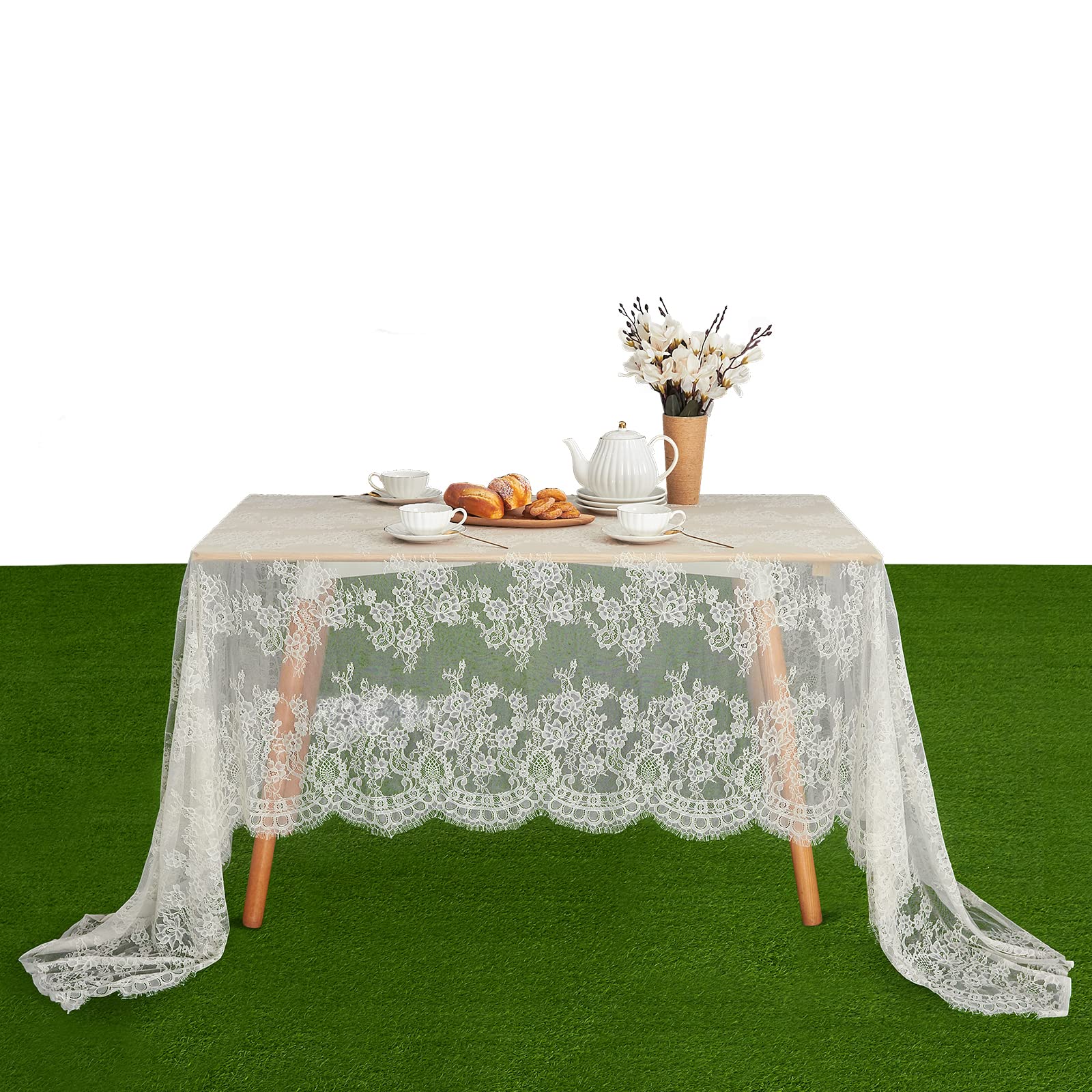 Fanqisi: 5 Stück Elfenbeinfarbene Spitzen-Tischdecke, 152,4 x 308,8 cm, klassische Hochzeits-Spitzen-Tischdecken, Overlay, Party-Tischabdeckung für Brautparty, Empfang, Tischdekoration