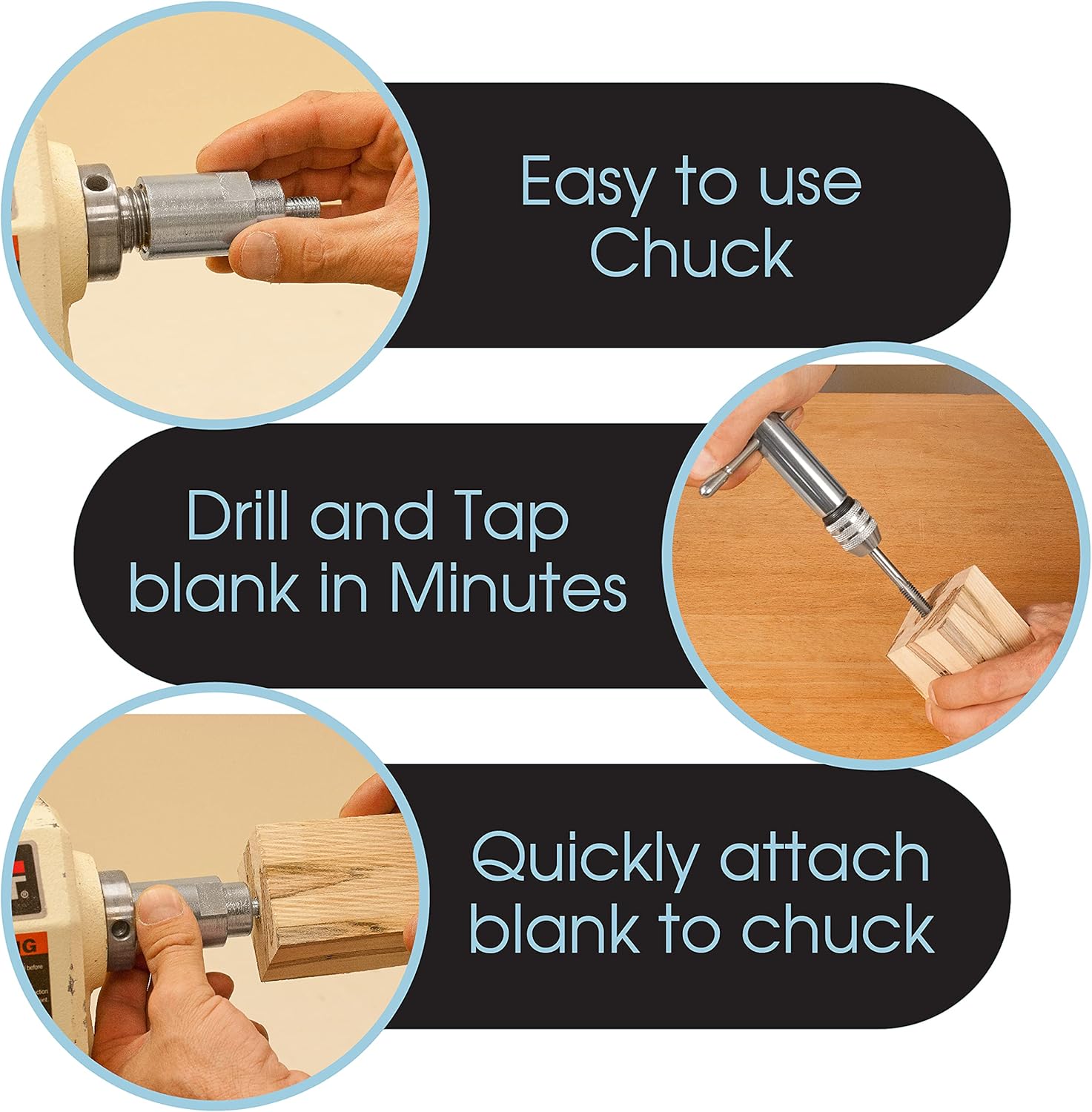 Peachtree Woodworking Supply Bottle Turning Kit with 5 Classic Chrome Stoppers 19/64 inch Drill Bit 1 inch 8 tpi Chuck and Ratcheting Handle with 3/8 inch Tap