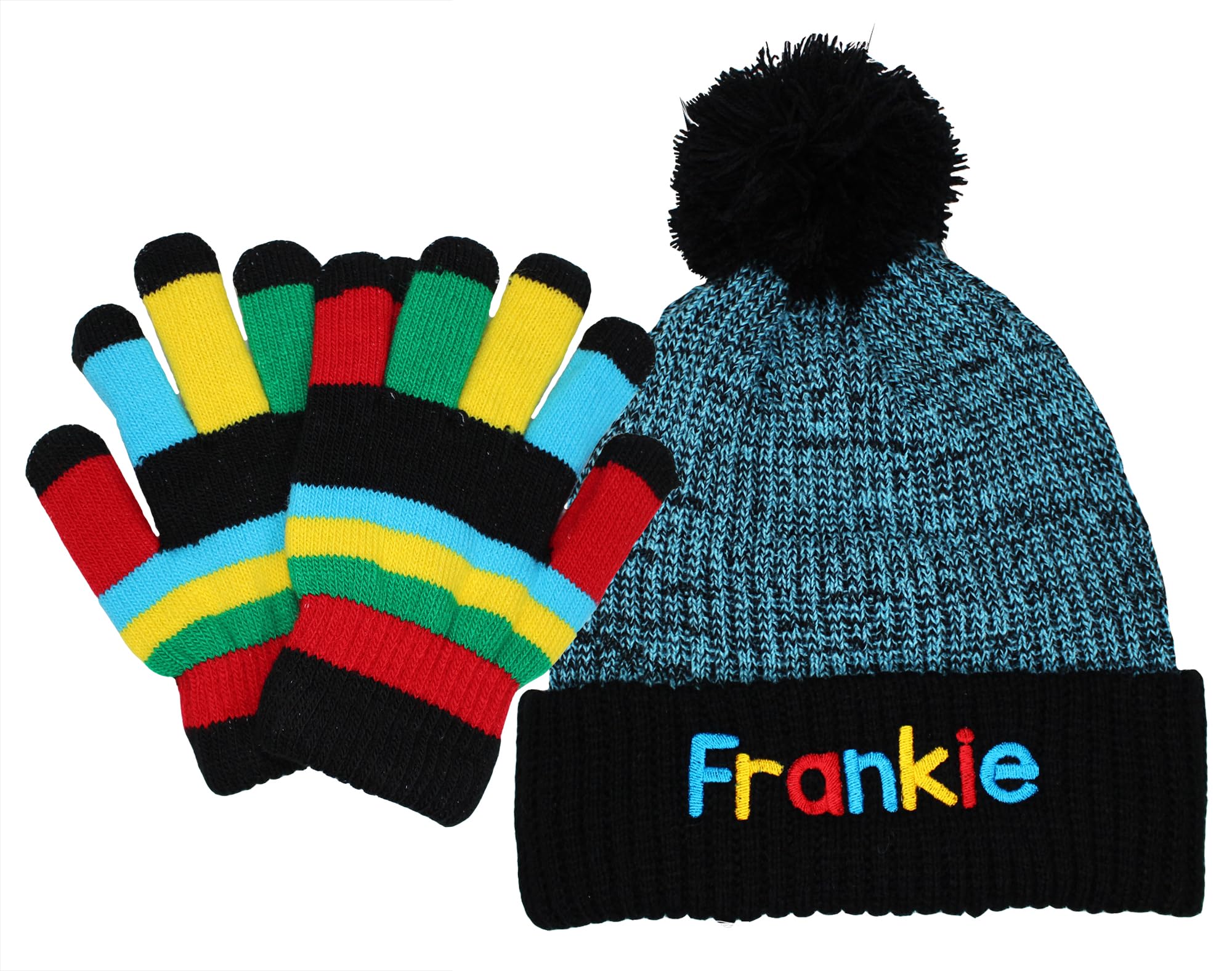 Teddyt's Blue Personalised Children's Chunky Knit Embroidered Electric Bobble Hat & Rainbow Gloves (4-8 Years)