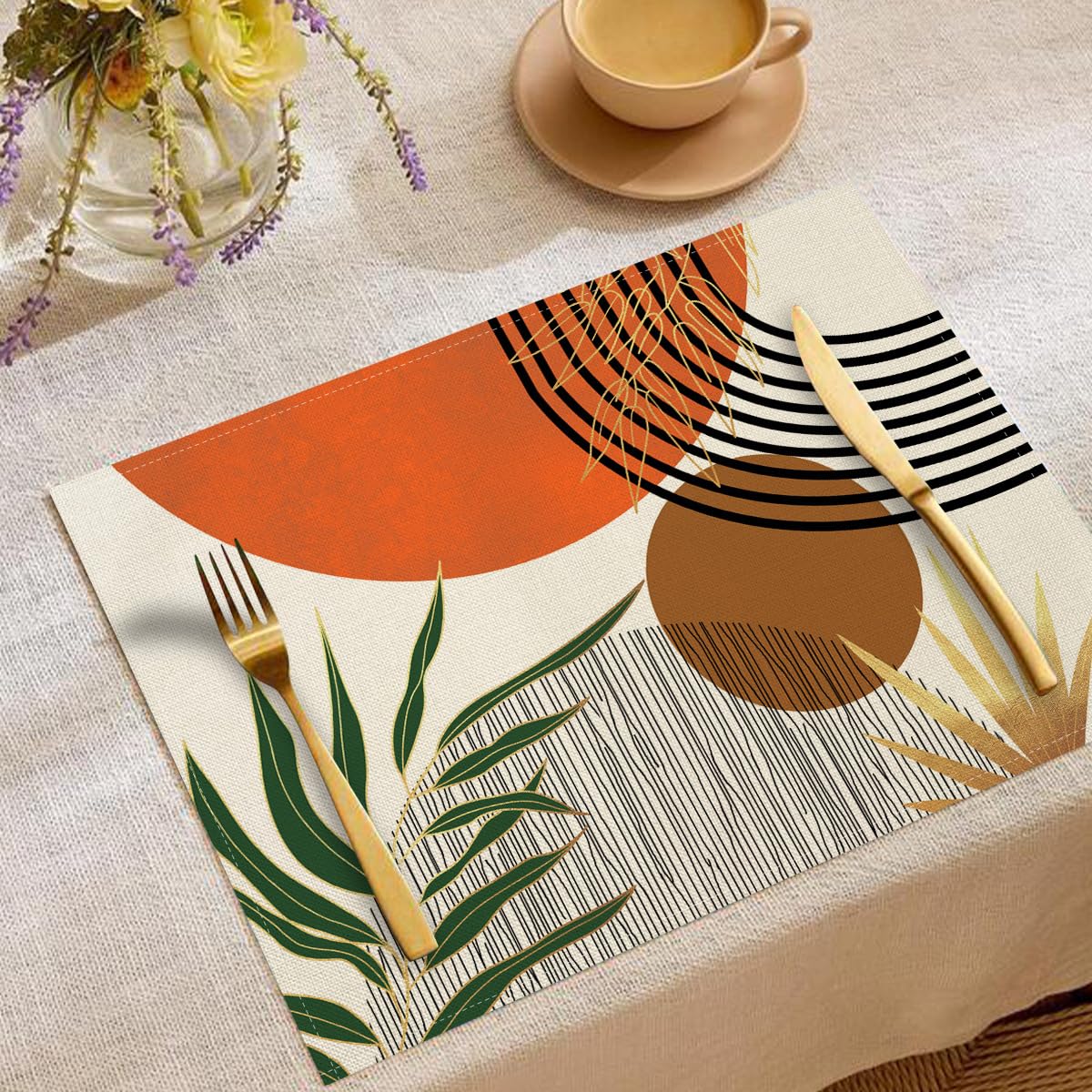 Platzsets Abwaschbar Schwarz Orange Halbkreis Tischsets Abwaschbar 8er Set Tischsets Platzsets Hitzebeständig Platzdeckchen rutschfest Platzsets Platzdeckchen Stoff 45x30 cm