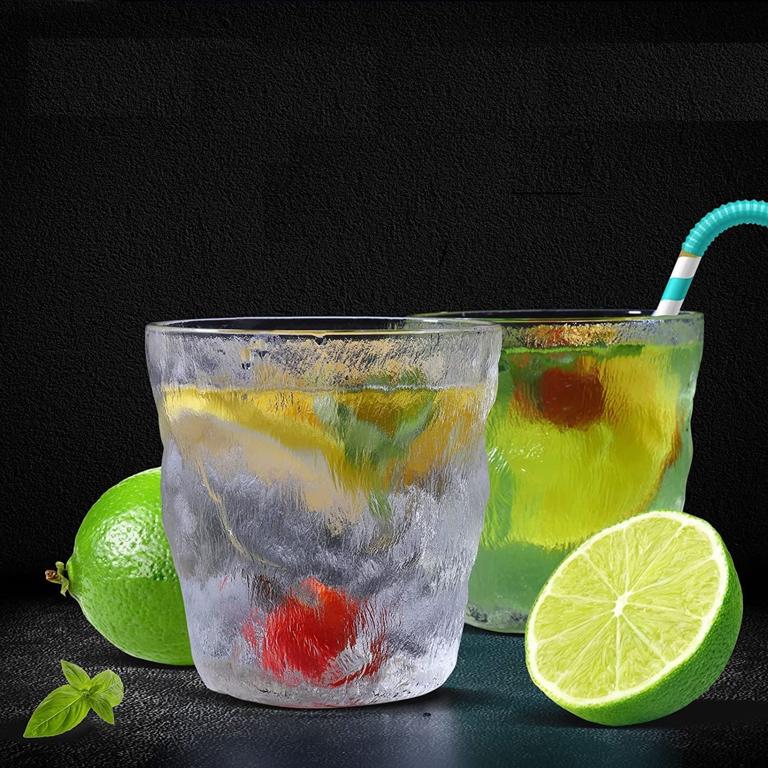 SODUKU Italian Premium Glacierr Pattern Glass Water Cup, Frosted Clear Texture Whiskey Glasses Beer Glass, Universal Household Water Cup Coffee Cup,Juice,Iced Drinks,Home Office Bar 300ml (300 ml, 2)