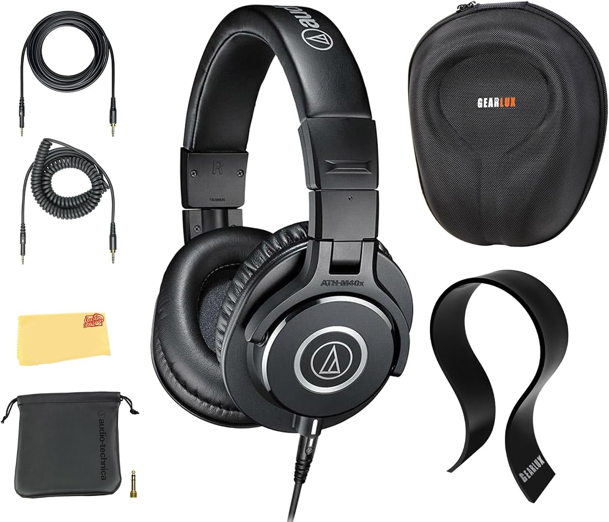 Audio-Technica ATH-M40x Professional Monitor Headphones - Black Bundle with Case, Stand, Pouch, and Austin Bazaar Polishing Cloth