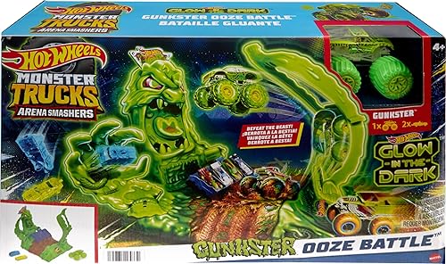 Miniatura 6 de Hot Wheels Monster Trucks Arena Smashers - Juego de Gunkster que brilla en la oscuridad con 1 camión de juguete Gunkster que brilla en la oscuridad