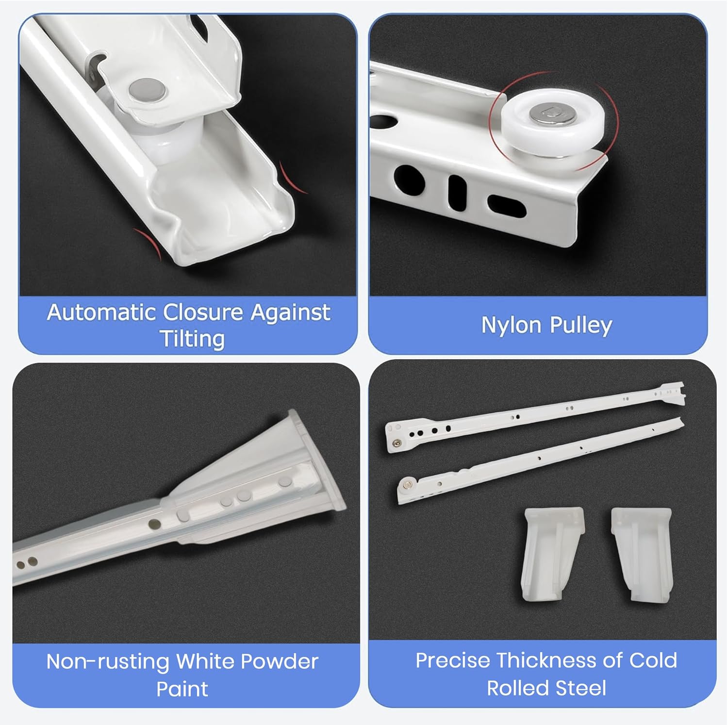 22 Inch Euro Slides, Pack of 4, for Face-Frame and Frameless Cabinets. 75lbs Capacity Cold Rolled Steel, Powder Coated. Choose Length by Drawer Box and not Cabinet Depth. Includes Brackets & Screws