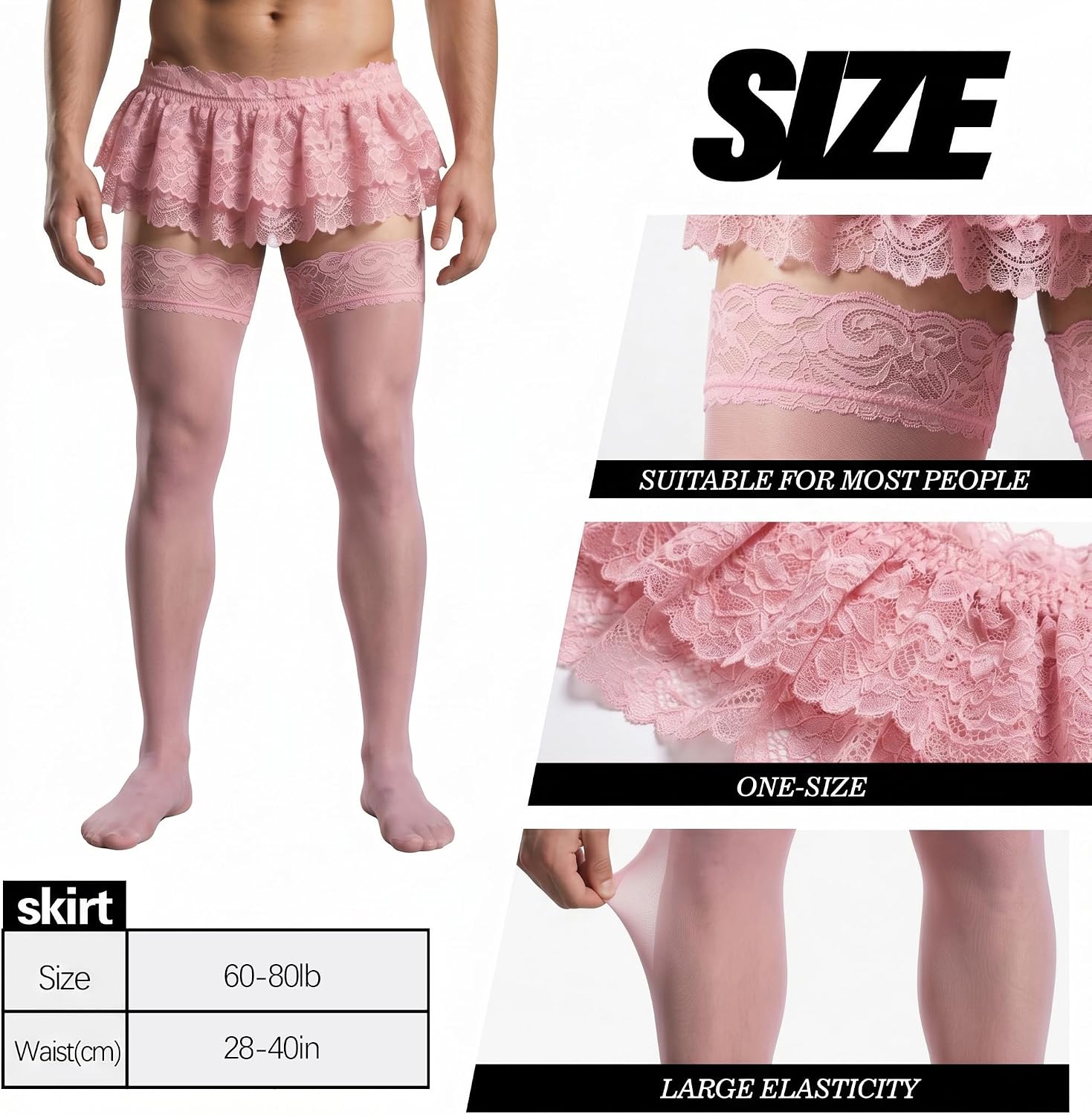 Men's Lace Outfit Set – 3 Pcs Mesh Skirt Thong Panties Stockings Low Rise Lingerie for Men Lightweight Costume