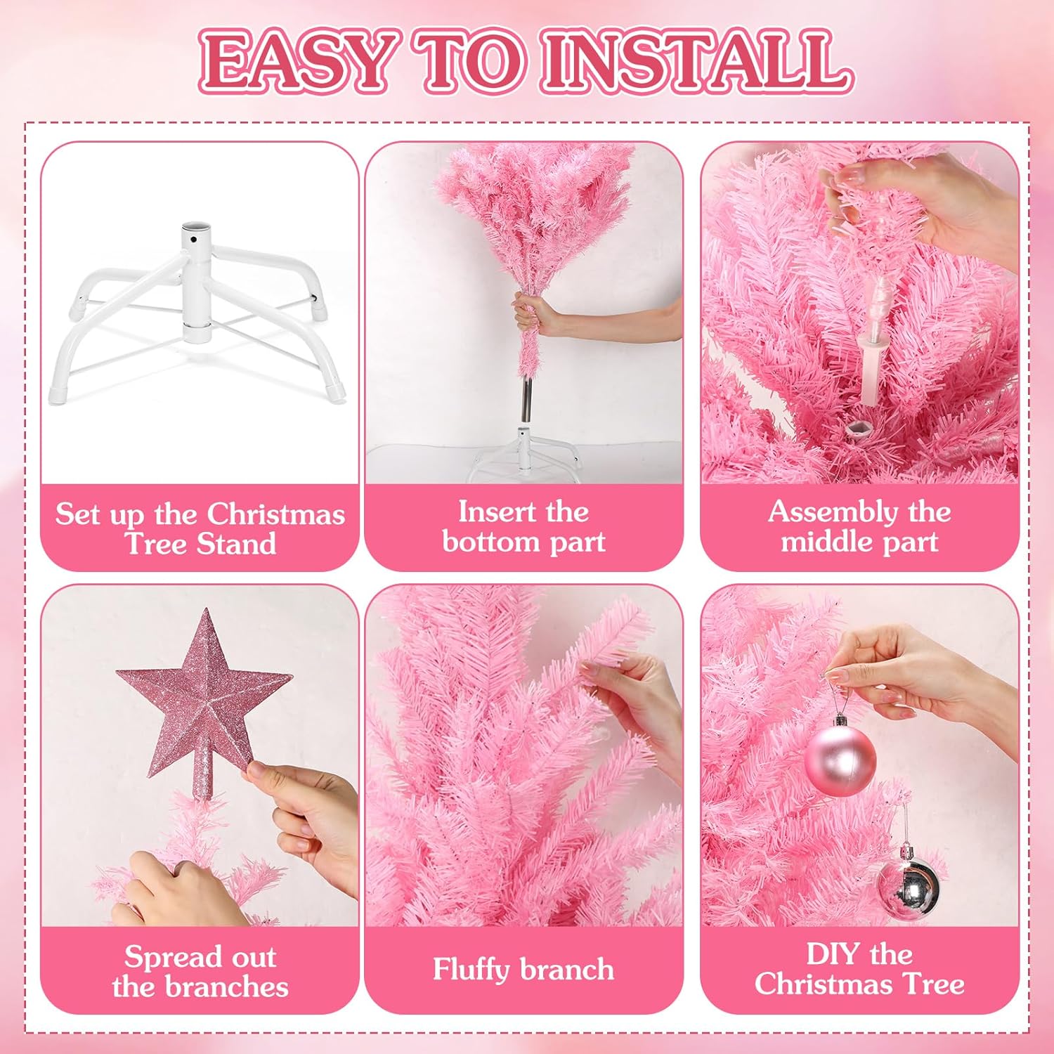 34 Pieces Christmas Tree Decorations Include 4 ft Artificial Tree with Metal Feet, String Lights, 31 Small Accessories for Home Christmas Party Decoration(Pink)