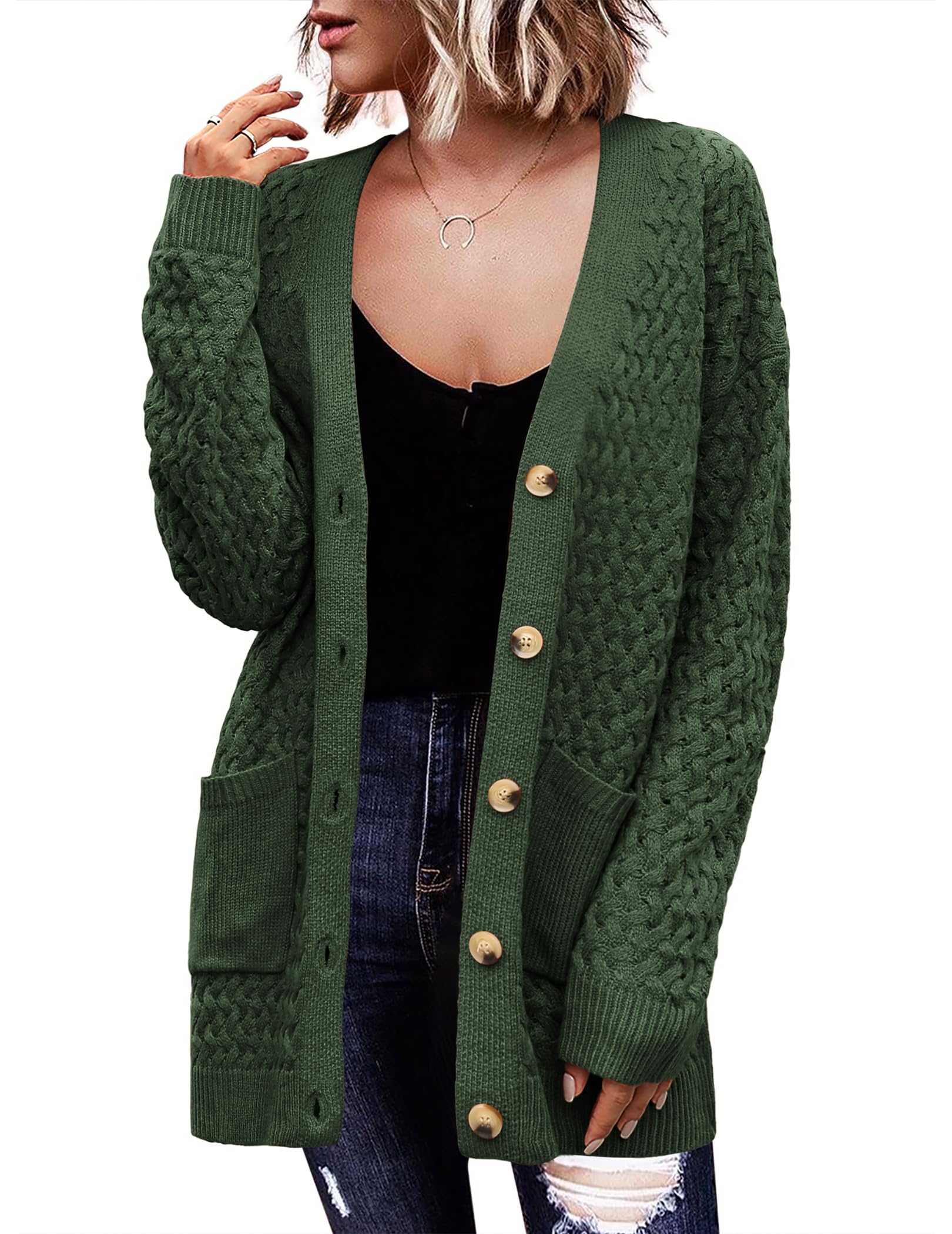 Zeagoo Womens 2026 Long Sleeve Chunky Cable Knit Fall Cardigans Sweaters Button Down Open Front Outerwear with Pockets