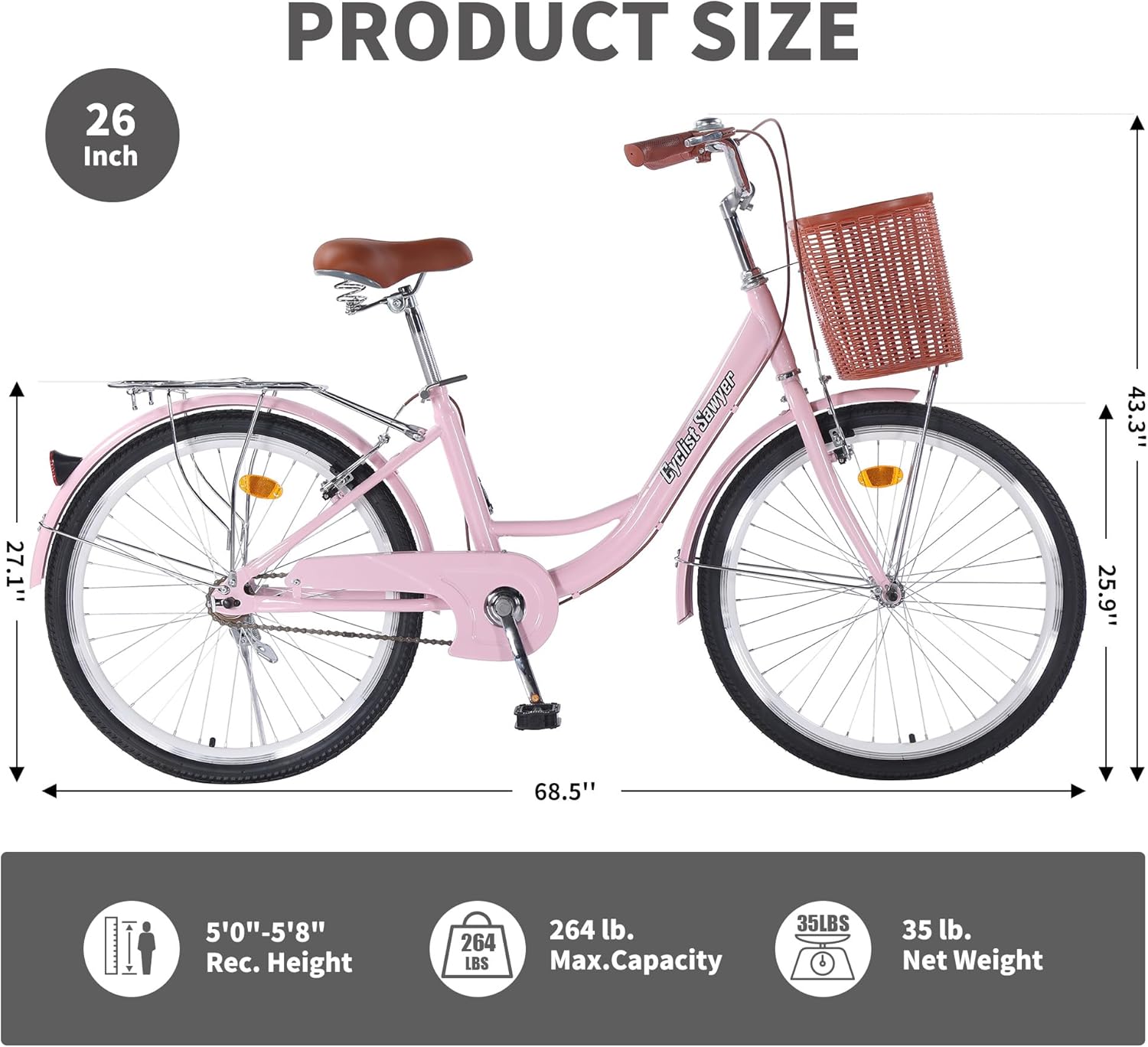 Beach Cruiser Bike for Women, 24 inch Adults Bicycle Single Speed, Bicycle for Women with Basket & Steel Rack, Women's Bike for Commuting, Step Through City Bike for Adults
