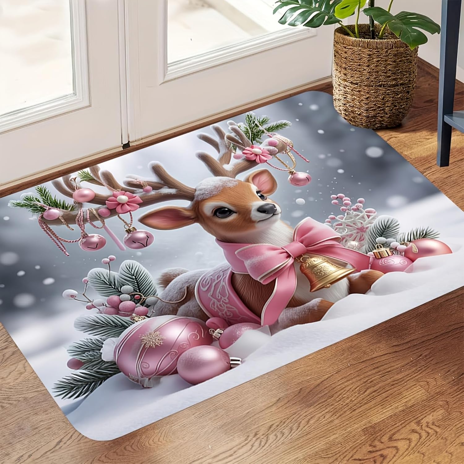 Christmas Door Mat 29" x 39", Winter Snow Scene Dwarf Washable Welcome Mat, Outdoor Indoor Entrance Floor Mat, Low-Profile Christmas Doormat, Non Slip Rubber Backing Front Door Mat for Entryway Porch
