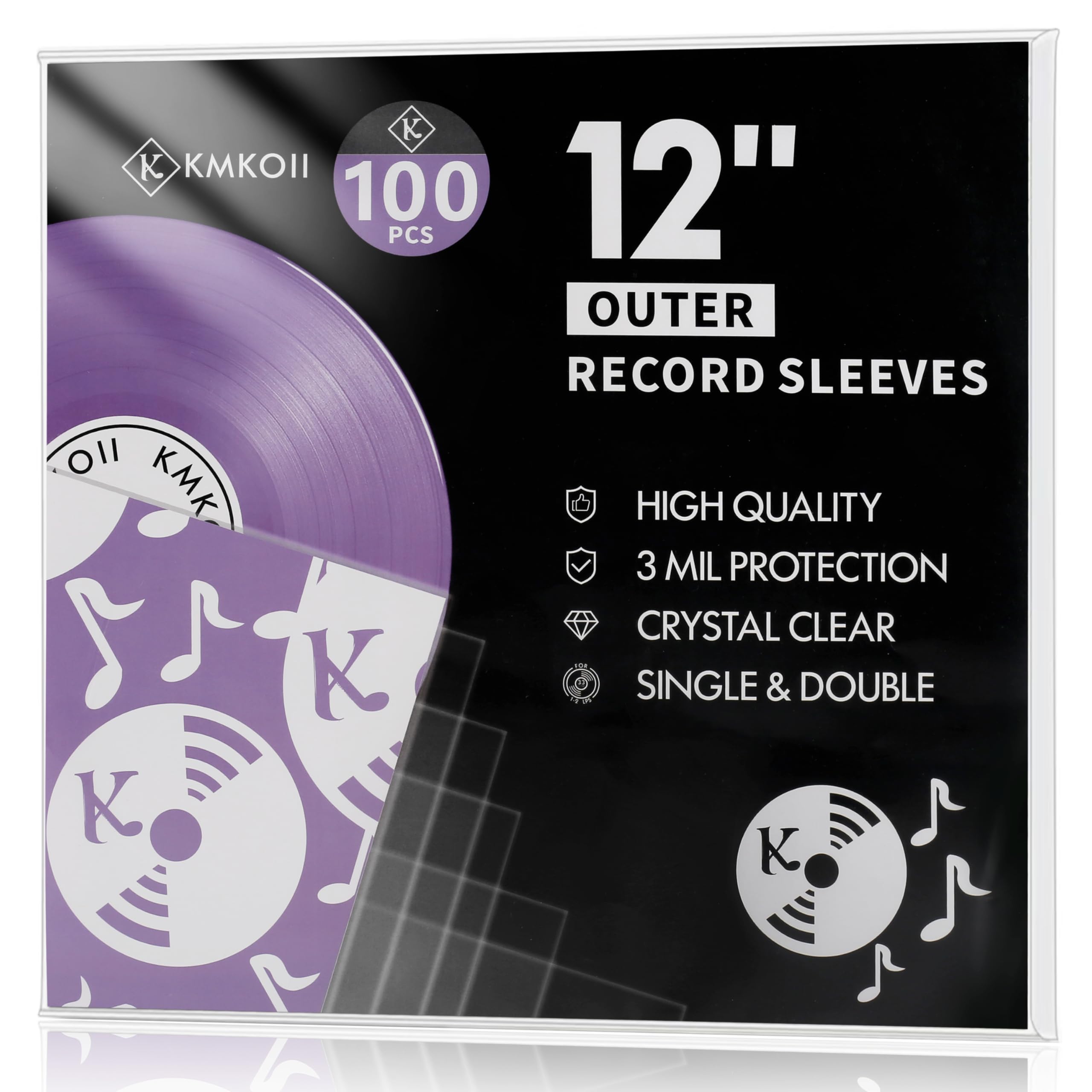 KMKOII 12 Zoll Schallplatten Hüllen Aussenhüllen - 100 Stück LP Schutzhüllen Vinyl Hüllen für Single & Doppel LPs (32.5 x 32.5 cm),Transparent Polypropylen Vinyl Schutzhüllen,12.75" x 12.75" Sleeve