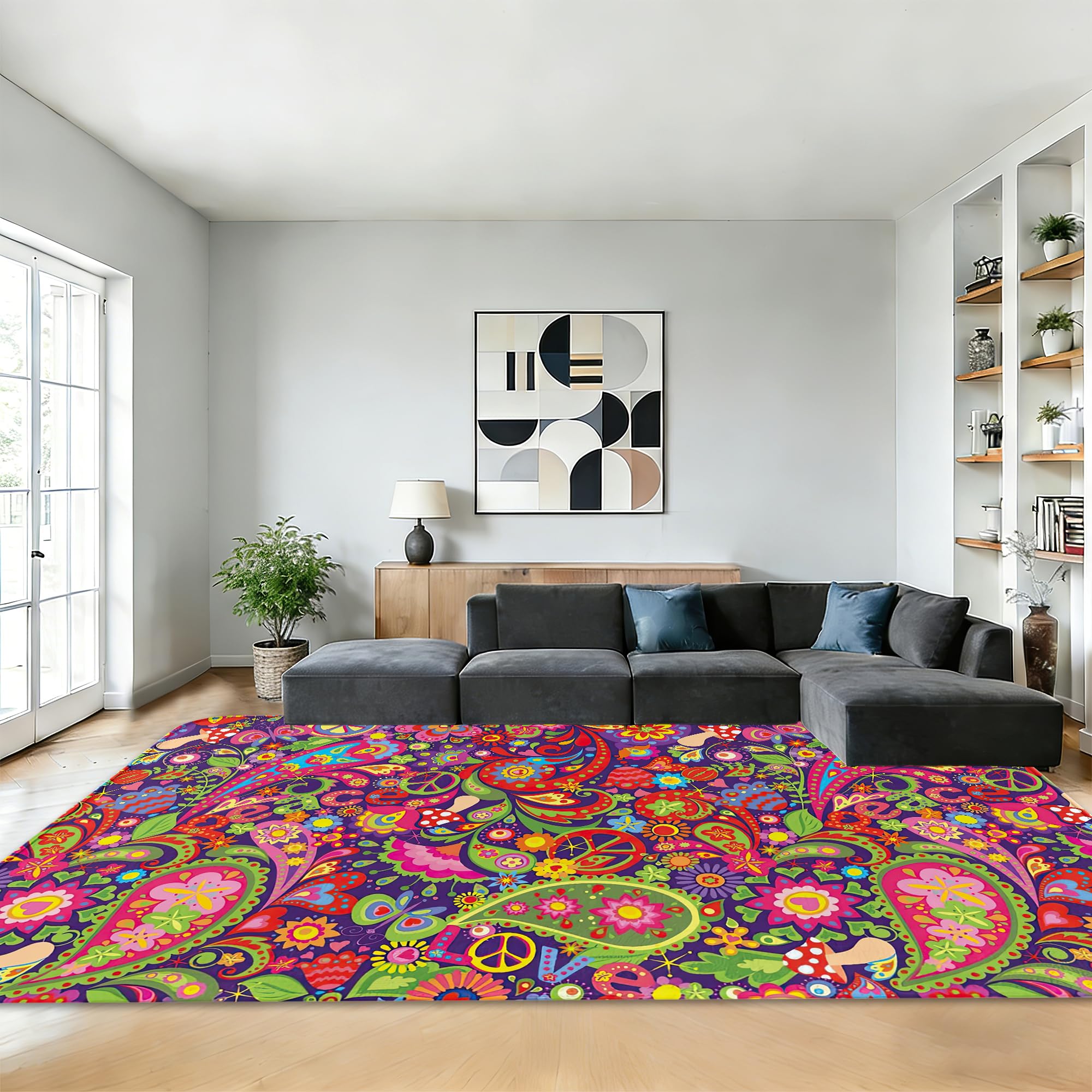 Area Rugs Boho Hippie Flowers Modern Neutral Large Living Room Carpet Retro 70s Groovy Peace Washable Rugs 5×7 for Kitchen Dinning Room Bedroom Farmhouse Nursery Office Home Decor