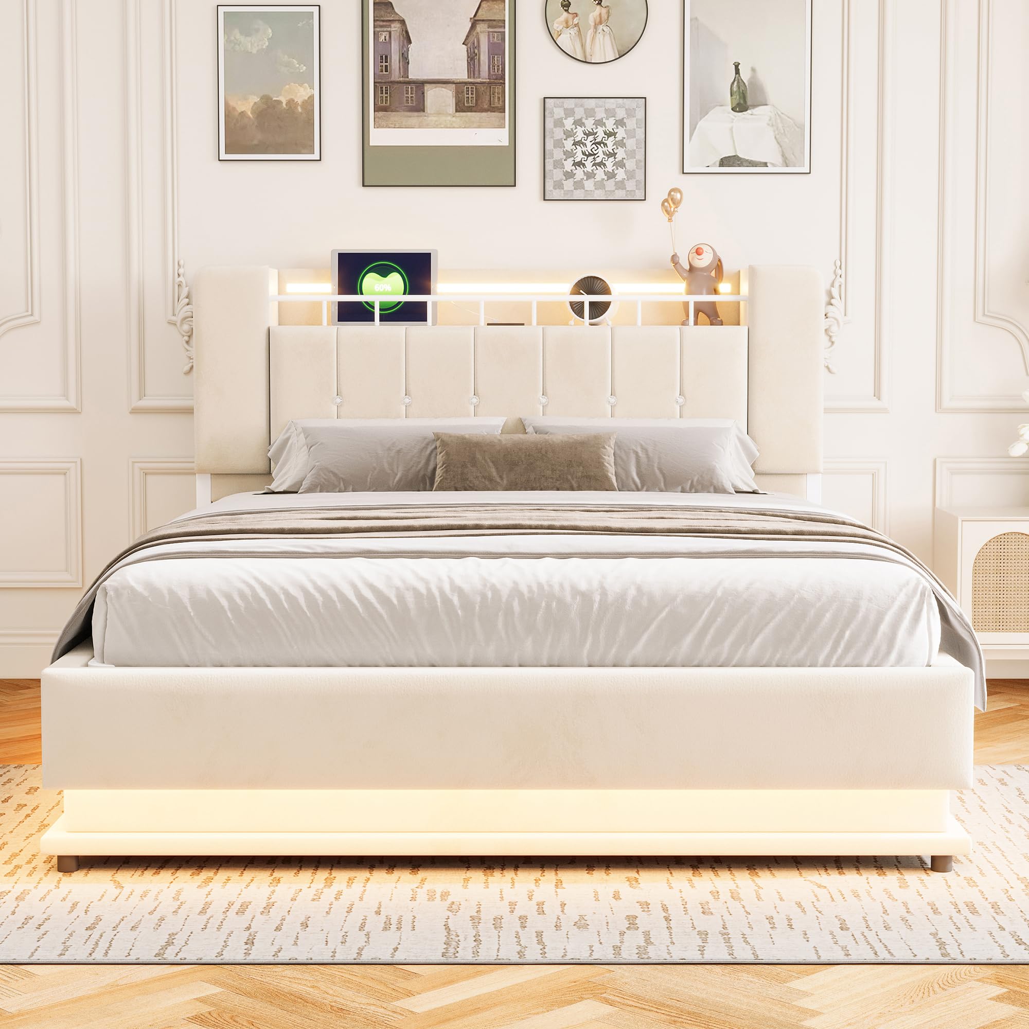 Letto matrimoniale imbottito con testiera e cassetto, 160 x 200 cm, beige