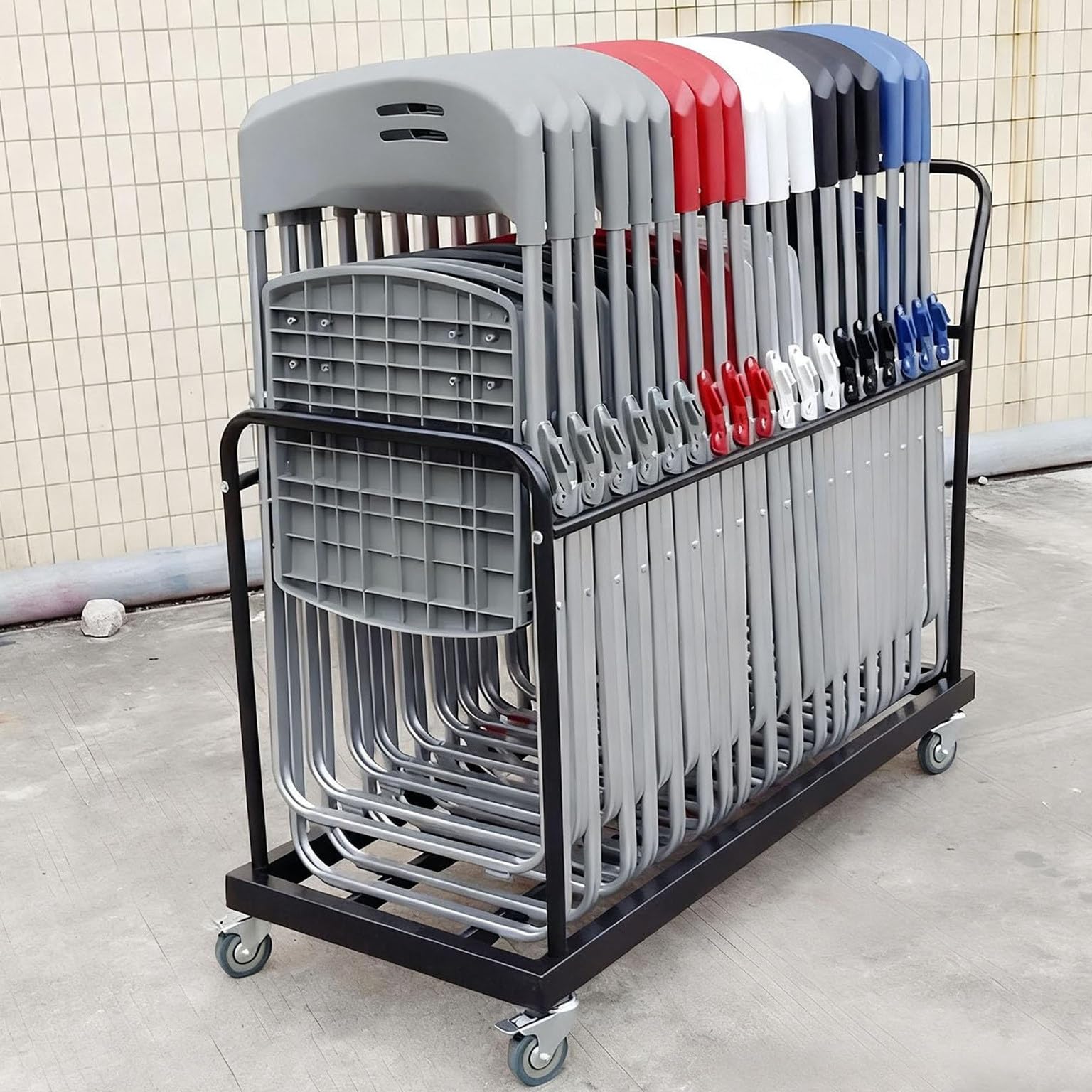 Faltbarer Stuhl Sto Cart mit feststellbaren Gummirädern – hält 16–20 Stühle für einfachen Transport und platzsparende Aufbewahrung – ideal für Veranstaltungen, Versammlungen und Partys