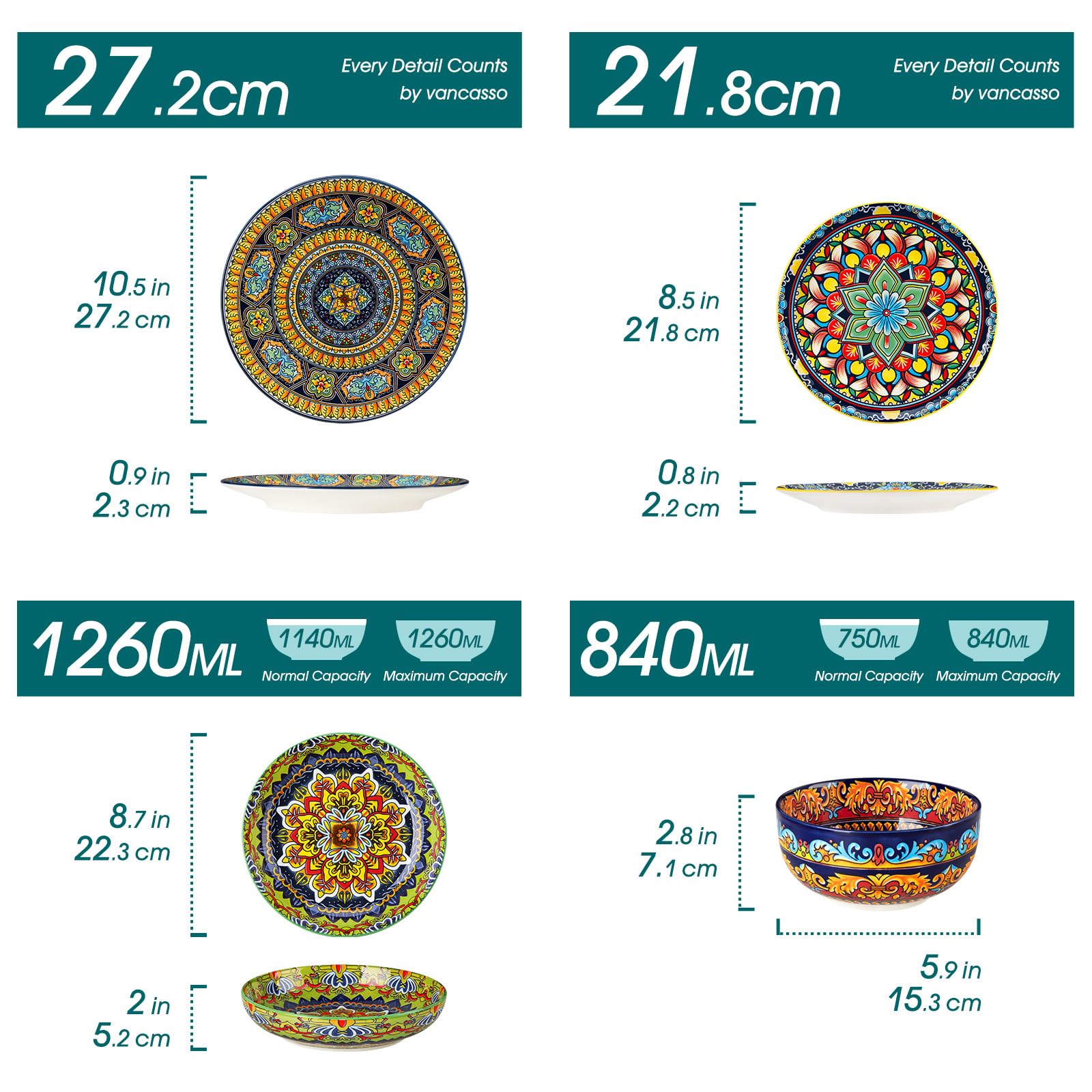 Geschirrset 6 Personen Keramik, vancasso KRVI 24tlg Modernes Porzellan Geschirr Set, Tafelservice im Böhmischer Stil, Tellerset und Schalenset, buntes Kombiservice