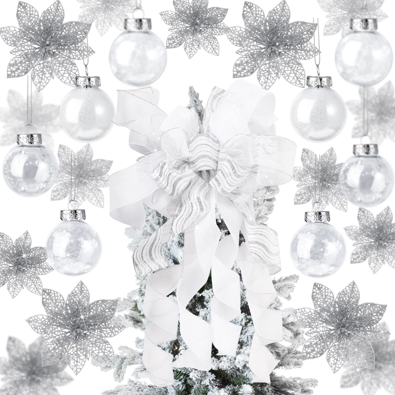 49 pcs christmas tree decoration set, christmas tree topper bow 3 size christmas glitter poinsettia faux flowers and 2.36'' christmas ball ornaments for holiday xmas tree decoration (silver)