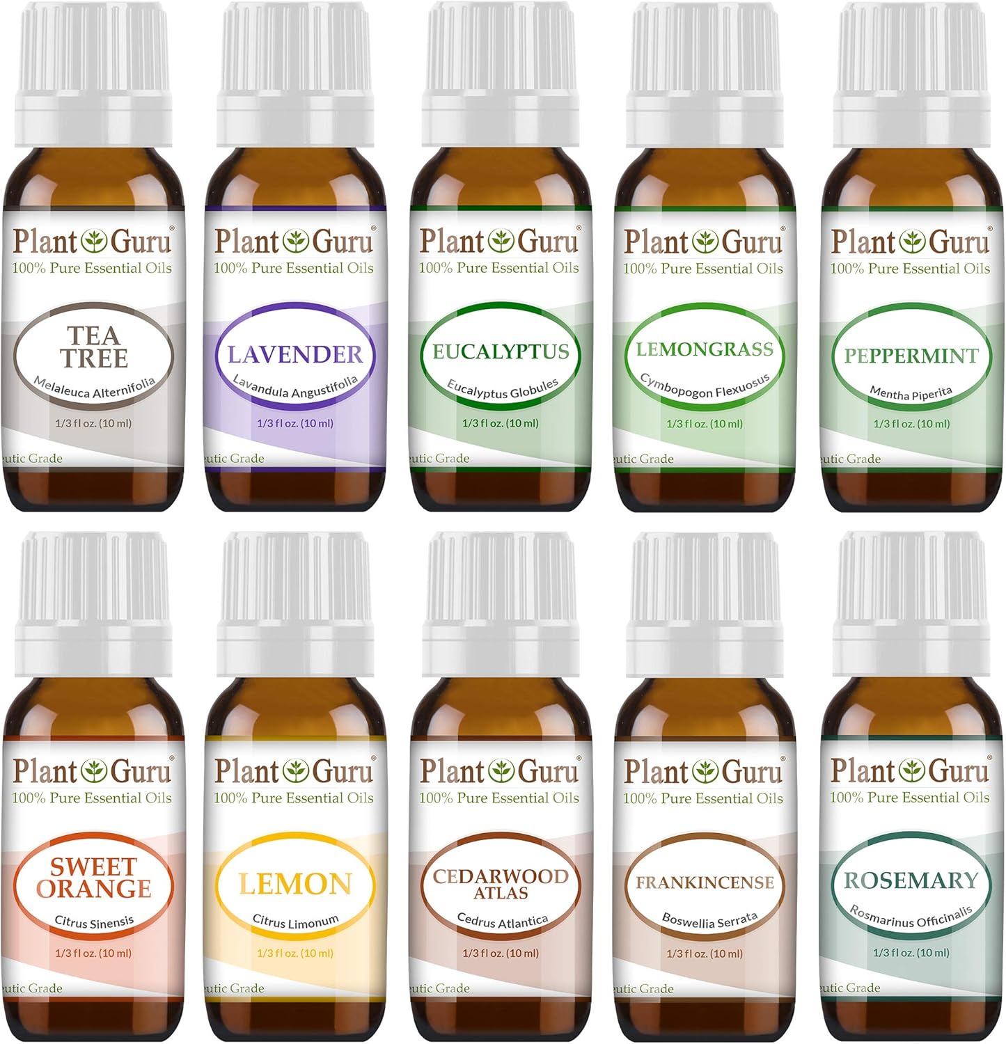 Essential Oil Set 10-10 ml. Therapeutic Grade 100% Pure Cedarwood, Eucalyptus, Frankincense, Lavender, Lemon, Lemongrass, Sweet Orange, Peppermint, Rosemary, Tea Tree for Skin, Body, Hair, Diffuser