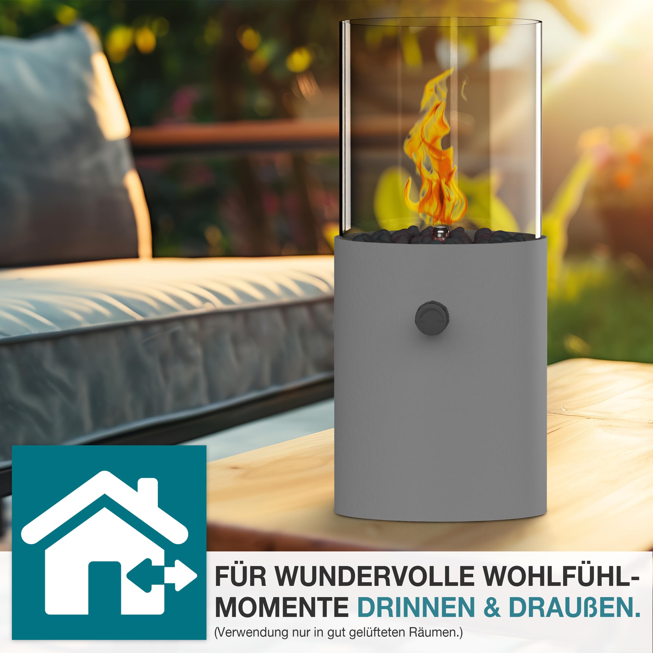 TOM Innovation XXL Gas Tischkamin - 12h Brenndauer für Indoor & Outdoor – Tisch Kamin Set – Tischfeuer mit Deko-Steinen – Plus 3X 190 g Stechgaskartusche