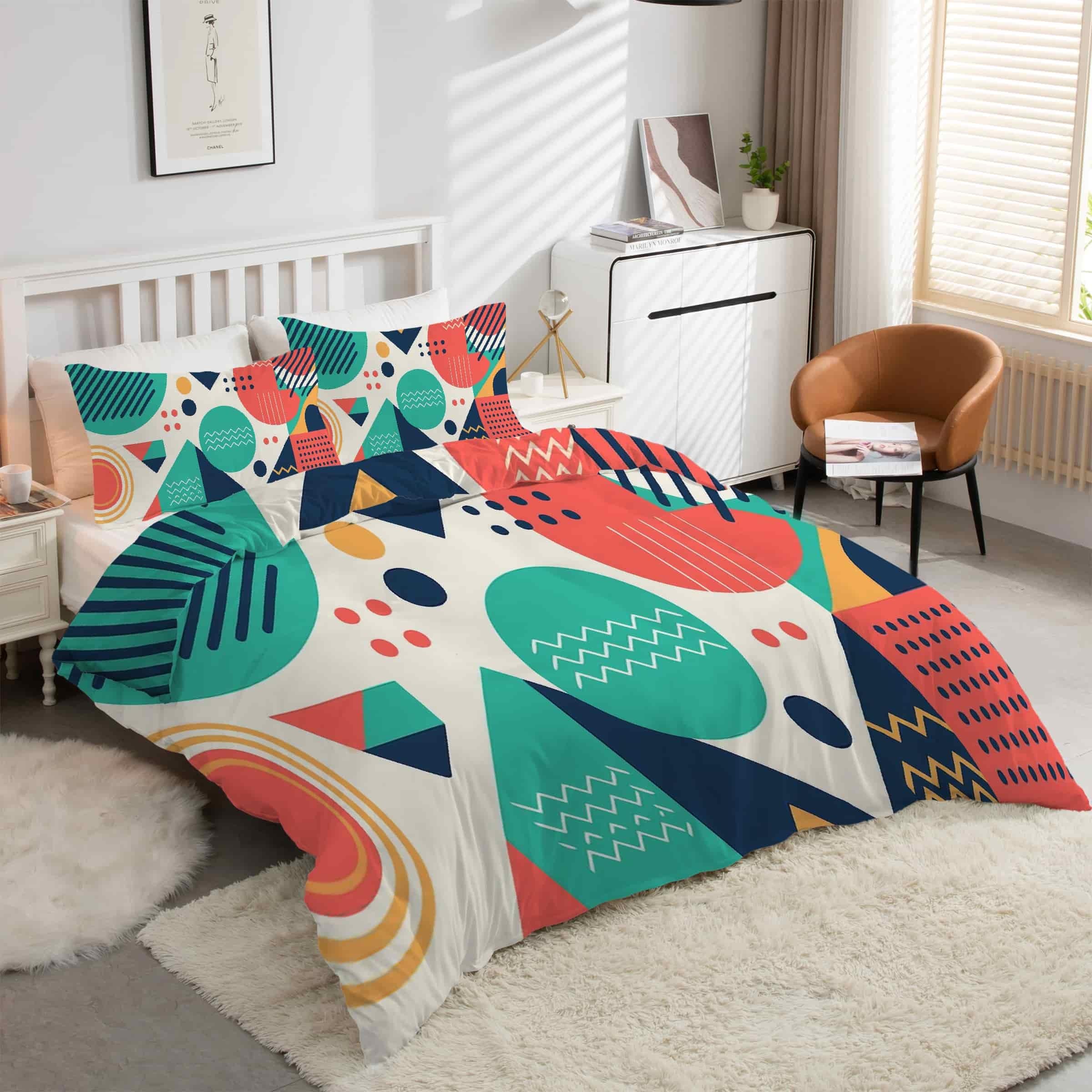 Housse couette 220x240 microfibre douce fermeture éclair parure de lit blocs géométriques