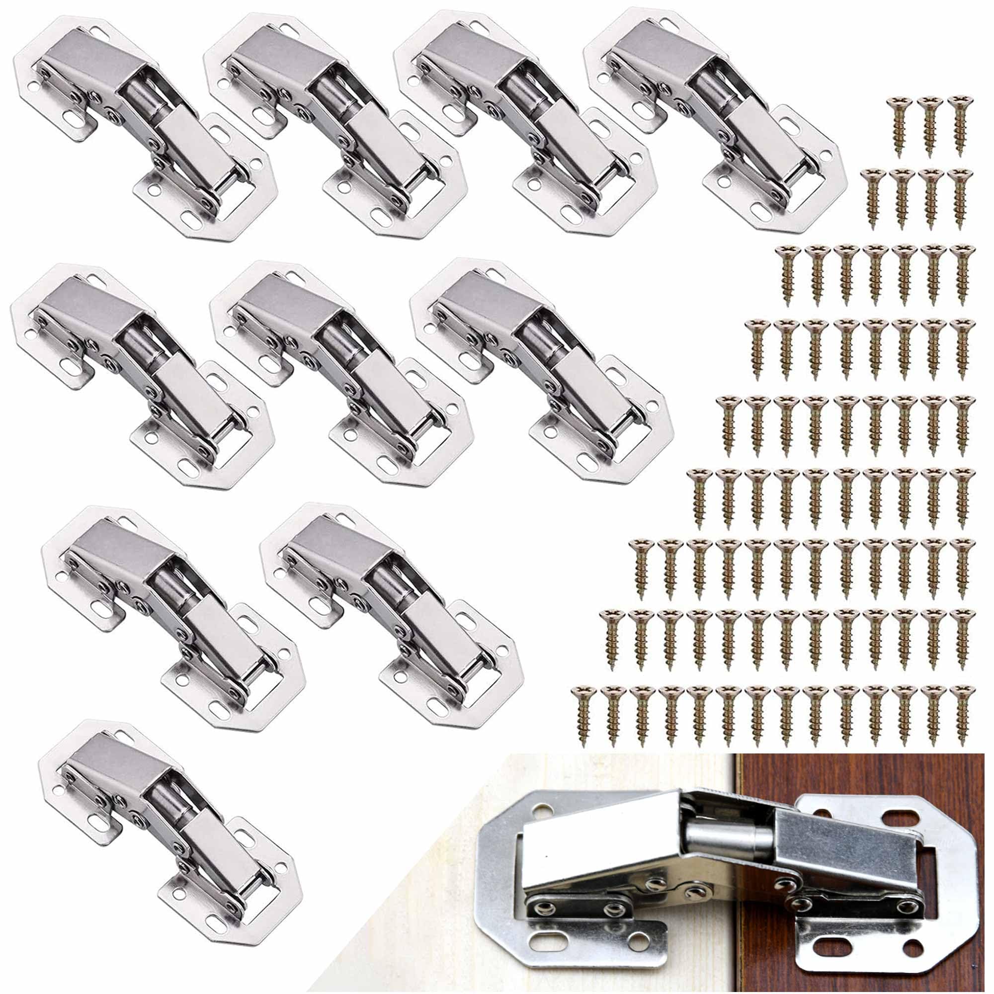 Kthzi Silver 10Pcs Silent Close Cabinet Hinges With Screws,90 Degree Door Hinges For Kitchen Cupboard,Wardrobe, And Bathroom Cabinets - Easy To Install, No Slot Required