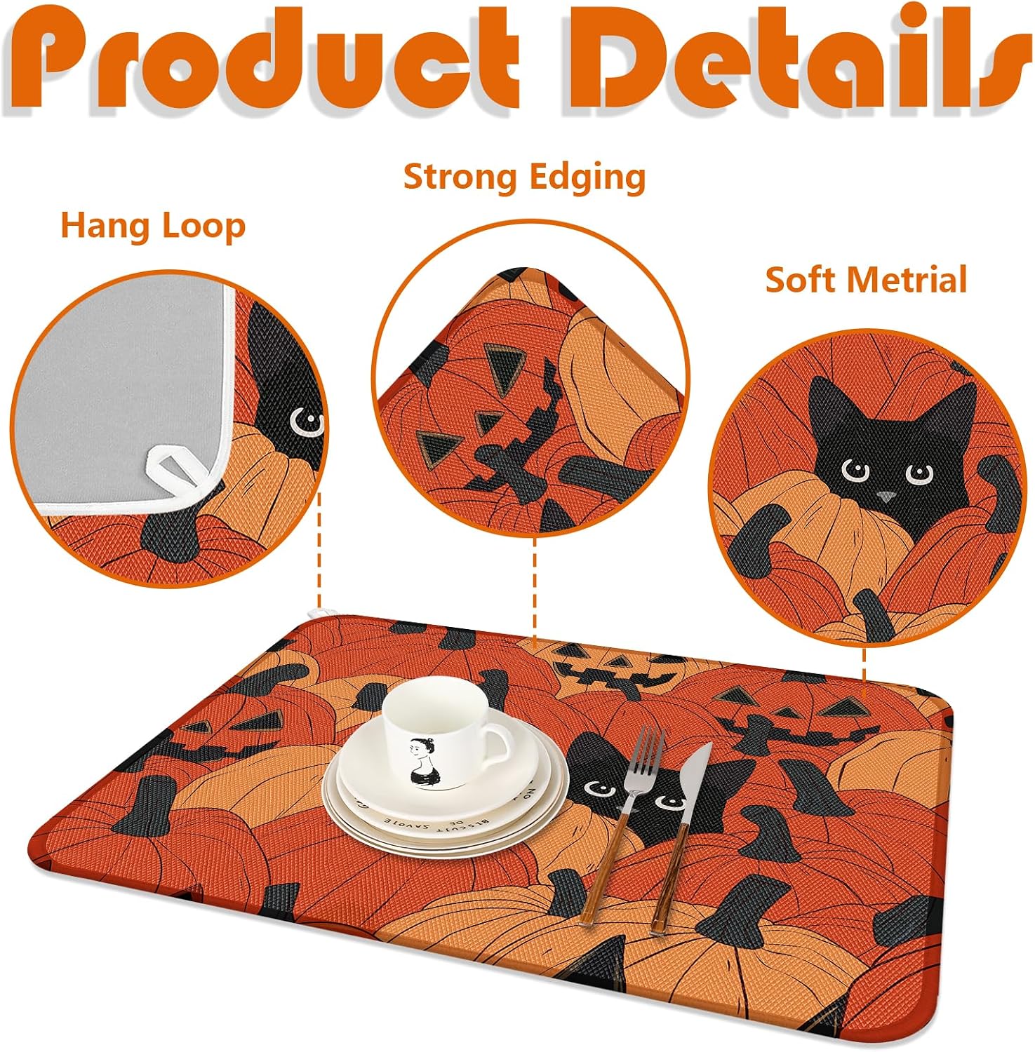 AnyDesign Halloween Dish Drying Mat Pumpkin Black Cat Kitchen Dish Drainer Protector Spooky Absorbent Dry Pad for Countertop Tableware Decor, 18 x 24 Inch